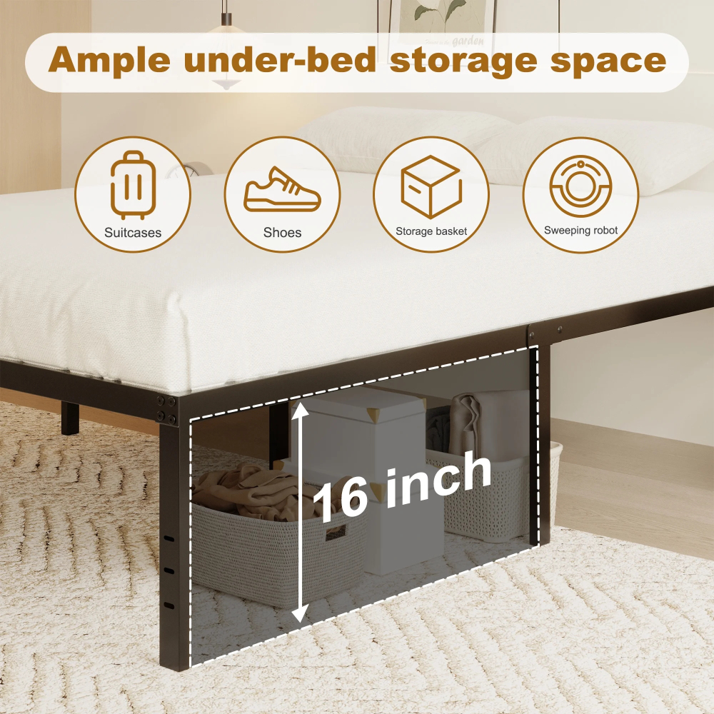 Roomdiary 18 inch Twin Size Bed Frame Metal Platform with Large Storage, Noise Free, No Box Spring Needed, Easy Assembly, Black