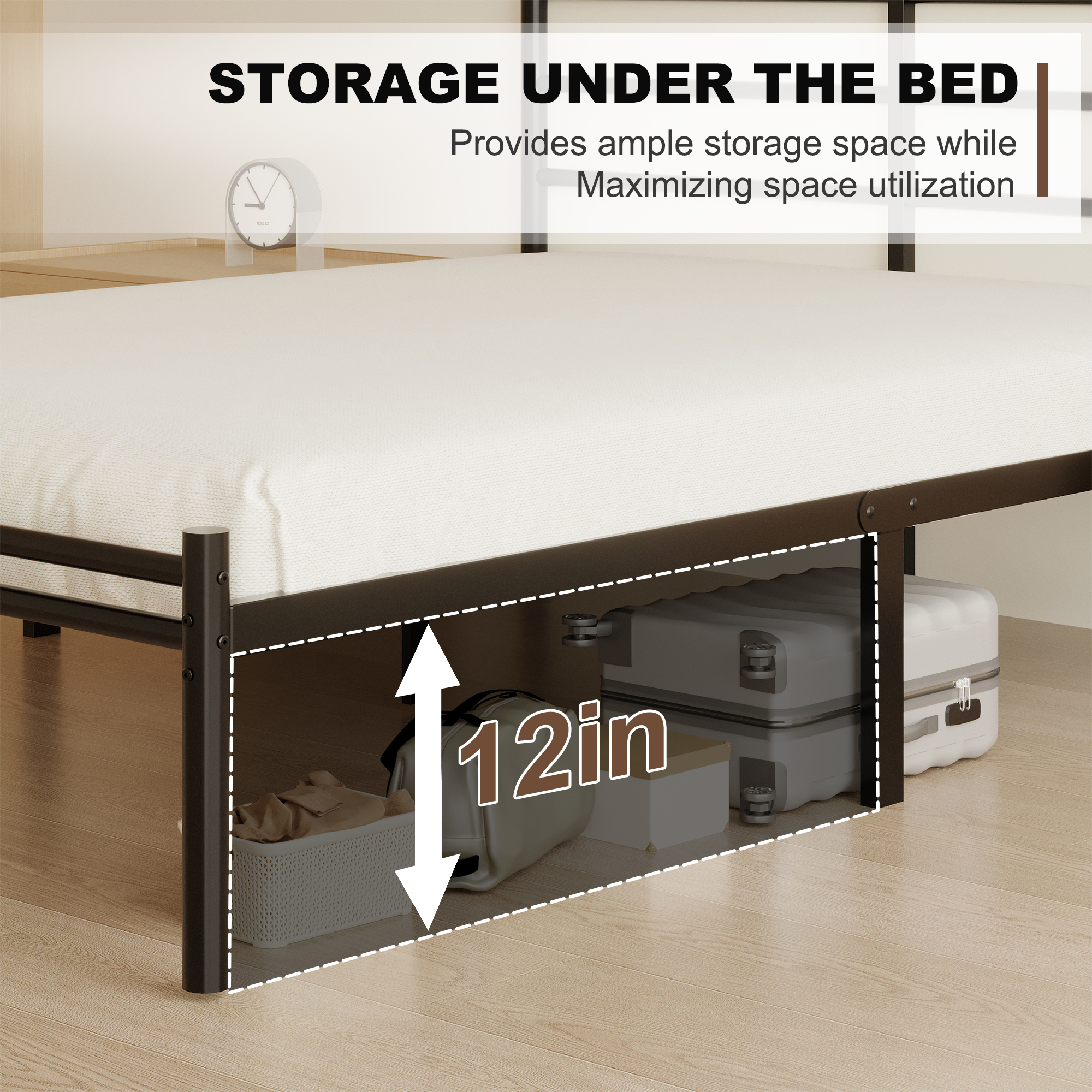 Roomdiary 14 inch Bed Frames with Headboard and Footboard, Easy Assembly Heavy Duty Metal Platform with Underbed Storage, Black