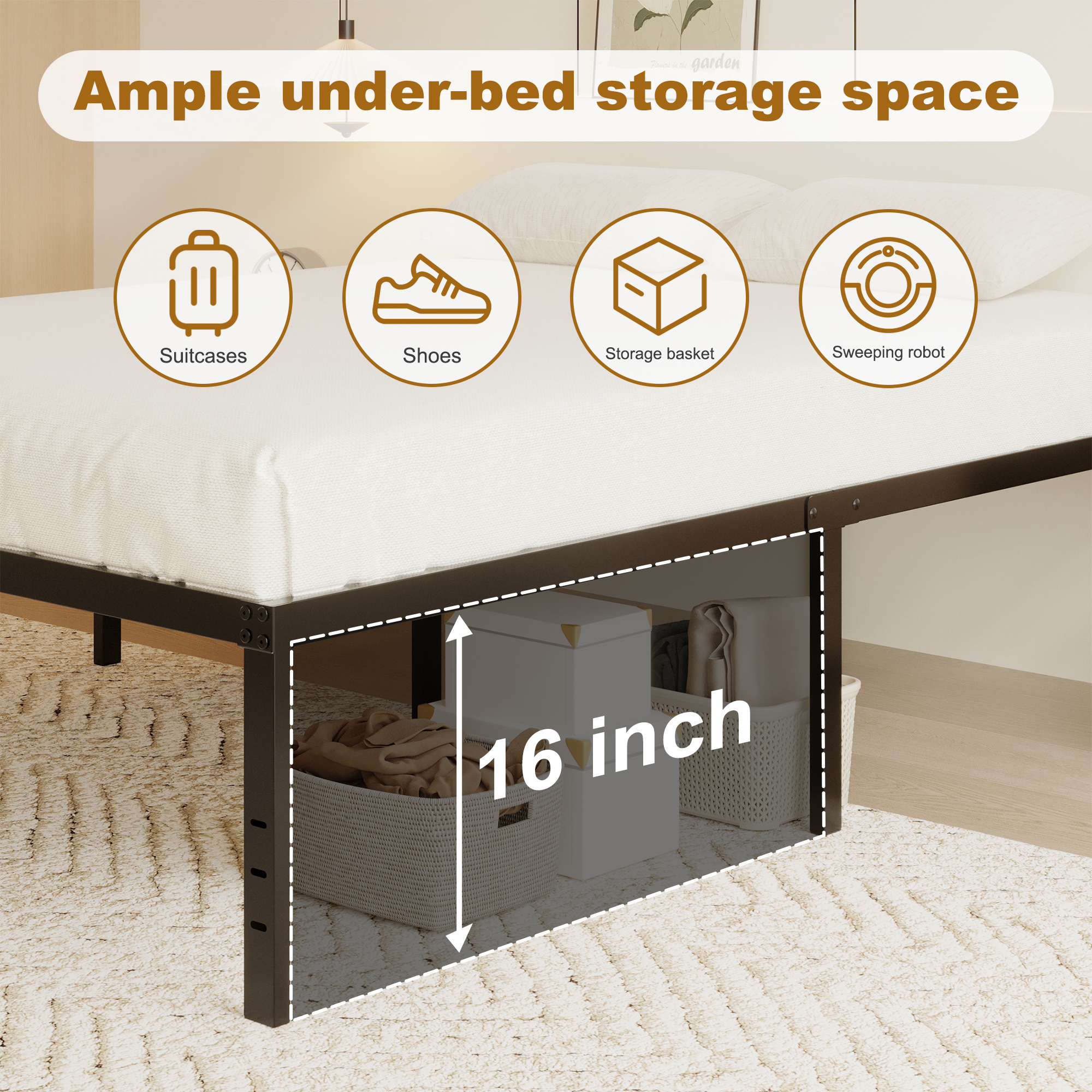 Roomdiary 18 inch Bed Frame Metal Platform with Large Storage, Noise Free, No Box Spring Needed, Easy Assembly, Black