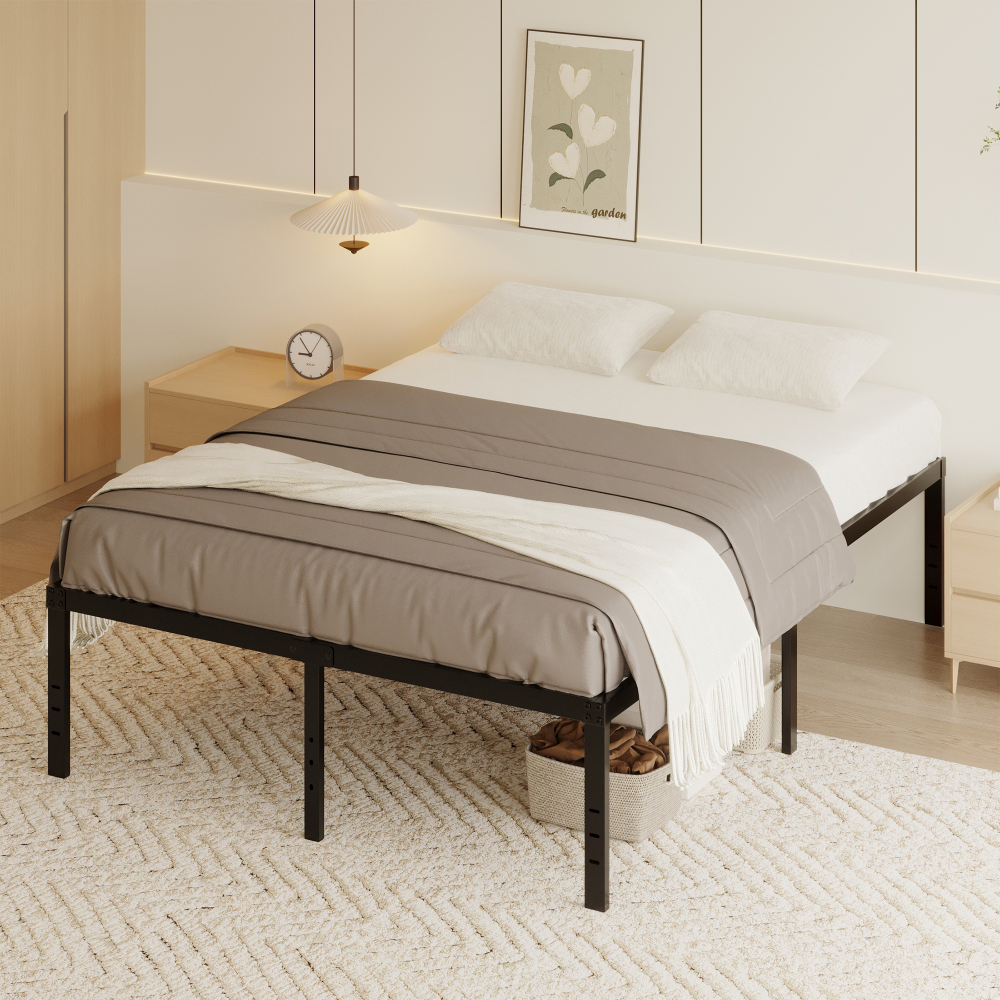Roomdiary 18 inch Bed Frame Metal Platform with Large Storage, Noise Free, No Box Spring Needed, Easy Assembly, Black