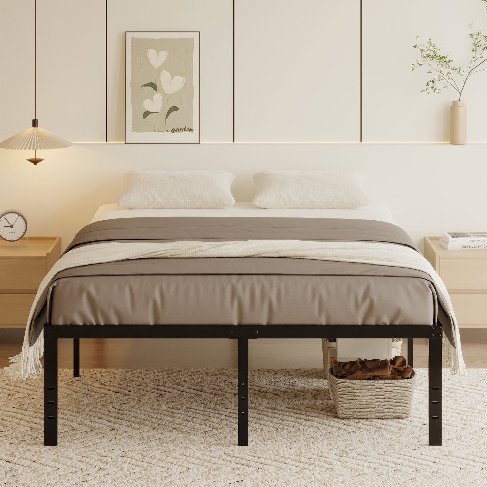 Roomdiary 18 inch Bed Frame Metal Platform with Large Storage, Noise Free, No Box Spring Needed, Easy Assembly, Black