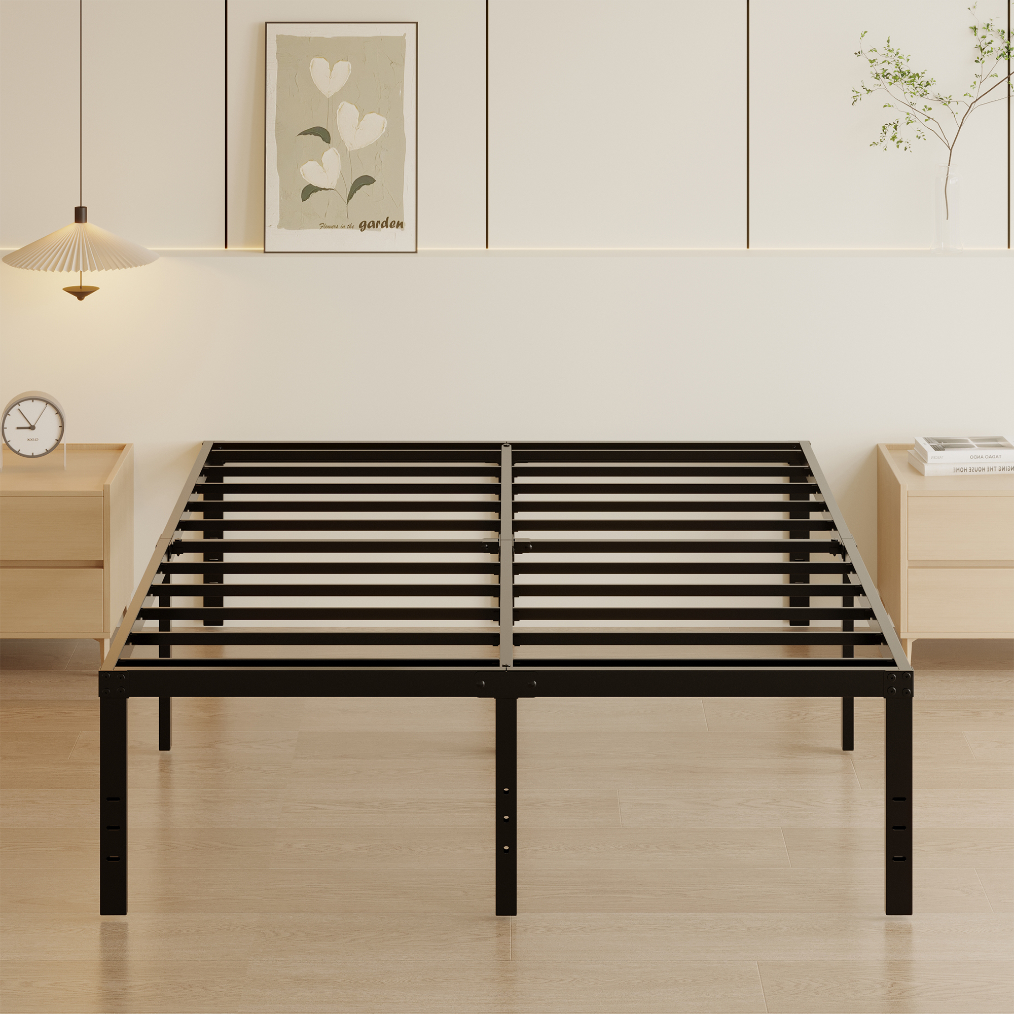 Roomdiary 18 inch Bed Frame Metal Platform with Large Storage, Noise Free, No Box Spring Needed, Easy Assembly, Black