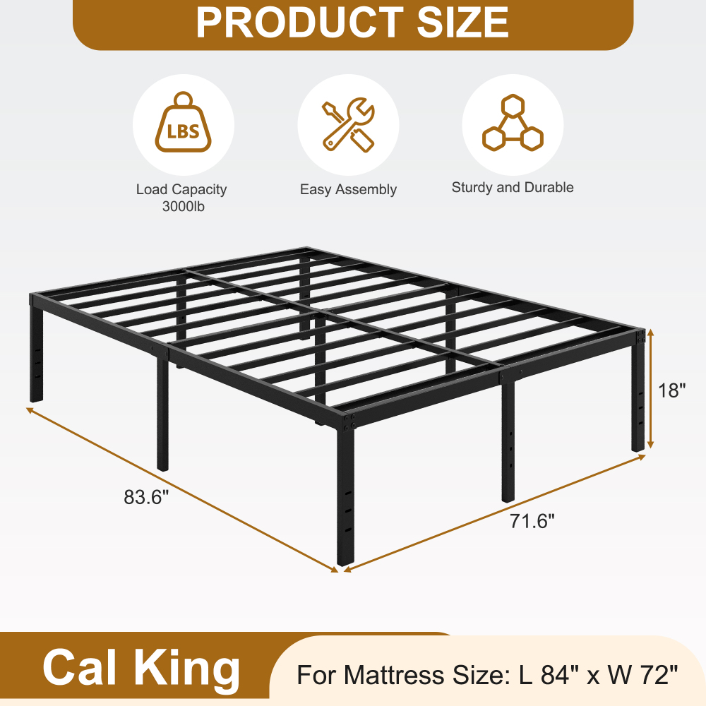 Roomdiary 18 inch Bed Frame Metal Platform with Large Storage, Noise Free, No Box Spring Needed, Easy Assembly, Black