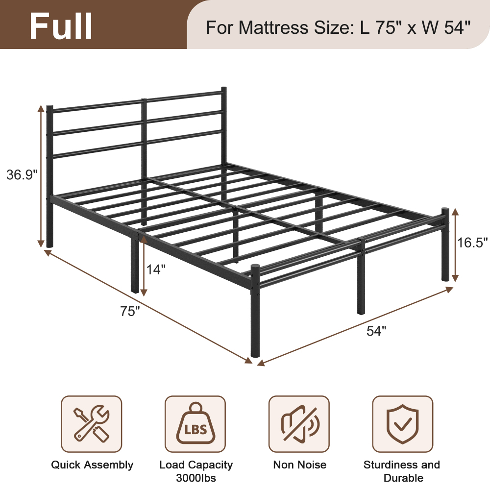 Roomdiary 14 inch Bed Frames with Headboard and Footboard, Easy Assembly Heavy Duty Metal Platform with Underbed Storage, Black