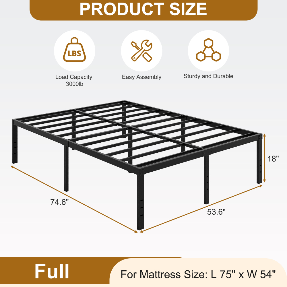 Roomdiary 18 inch Bed Frame Metal Platform with Large Storage, Noise Free, No Box Spring Needed, Easy Assembly, Black