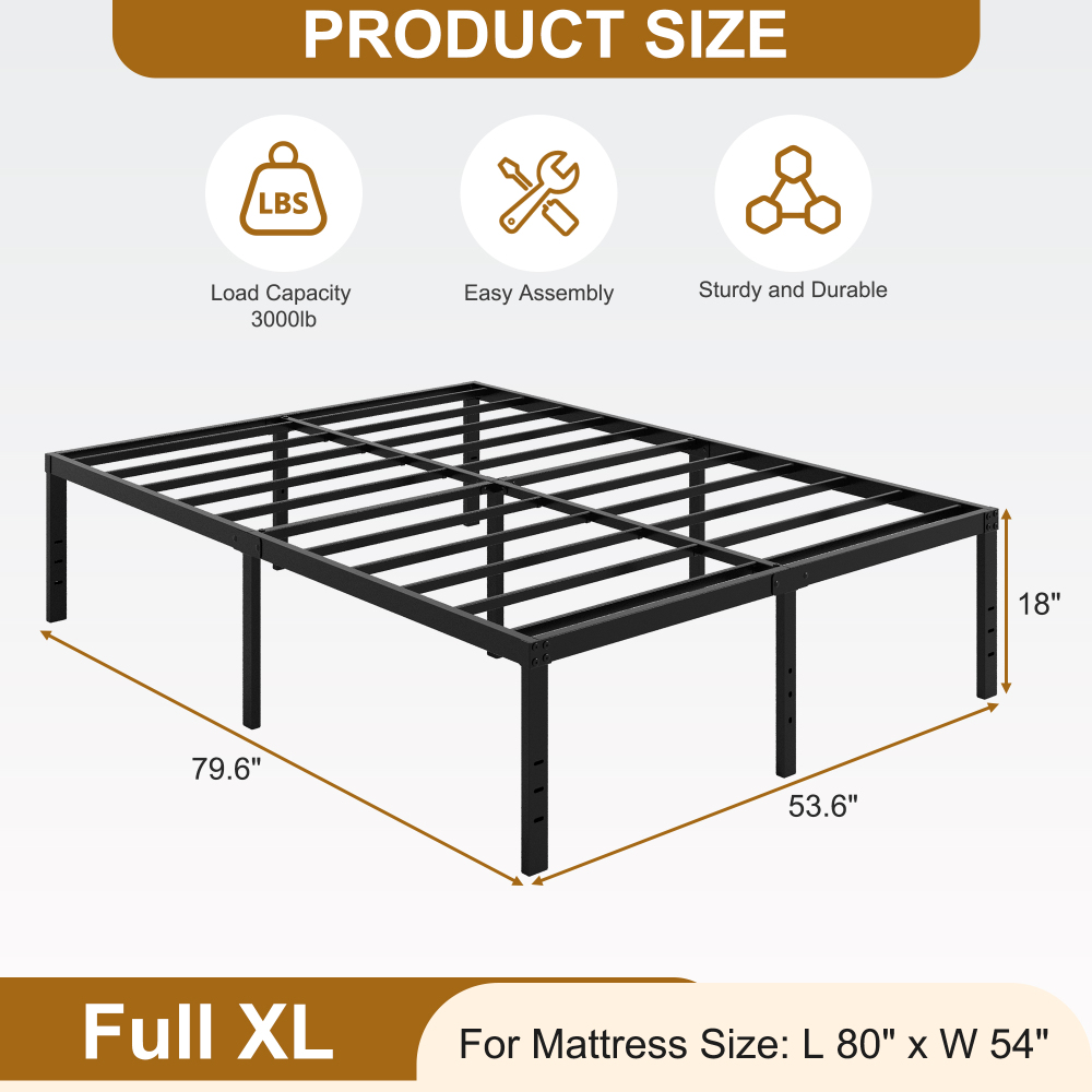 Roomdiary 18 inch Bed Frame Metal Platform with Large Storage, Noise Free, No Box Spring Needed, Easy Assembly, Black