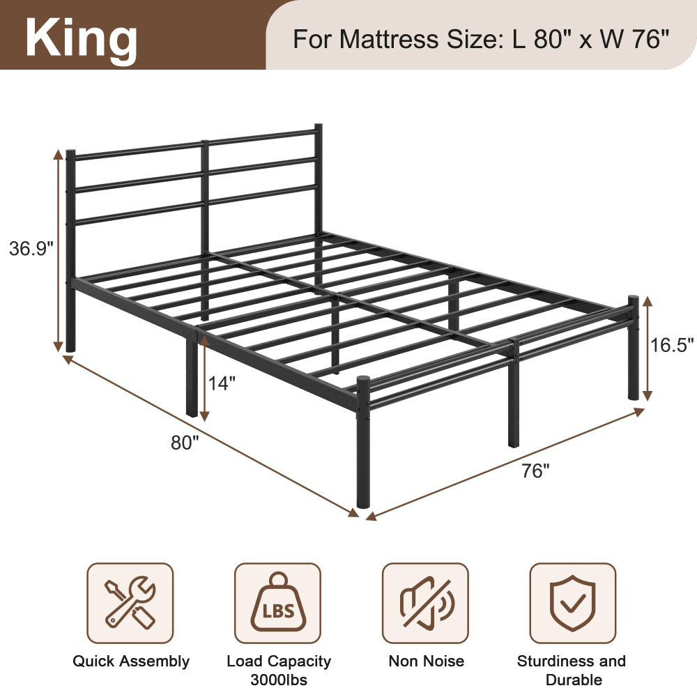 Roomdiary 14 inch Bed Frames with Headboard and Footboard, Easy Assembly Heavy Duty Metal Platform with Underbed Storage, Black