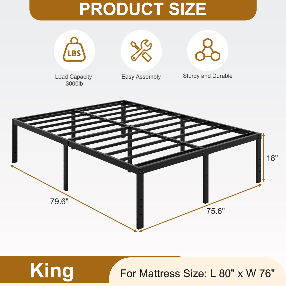 Roomdiary 18 inch Bed Frame Metal Platform with Large Storage, Noise Free, No Box Spring Needed, Easy Assembly, Black
