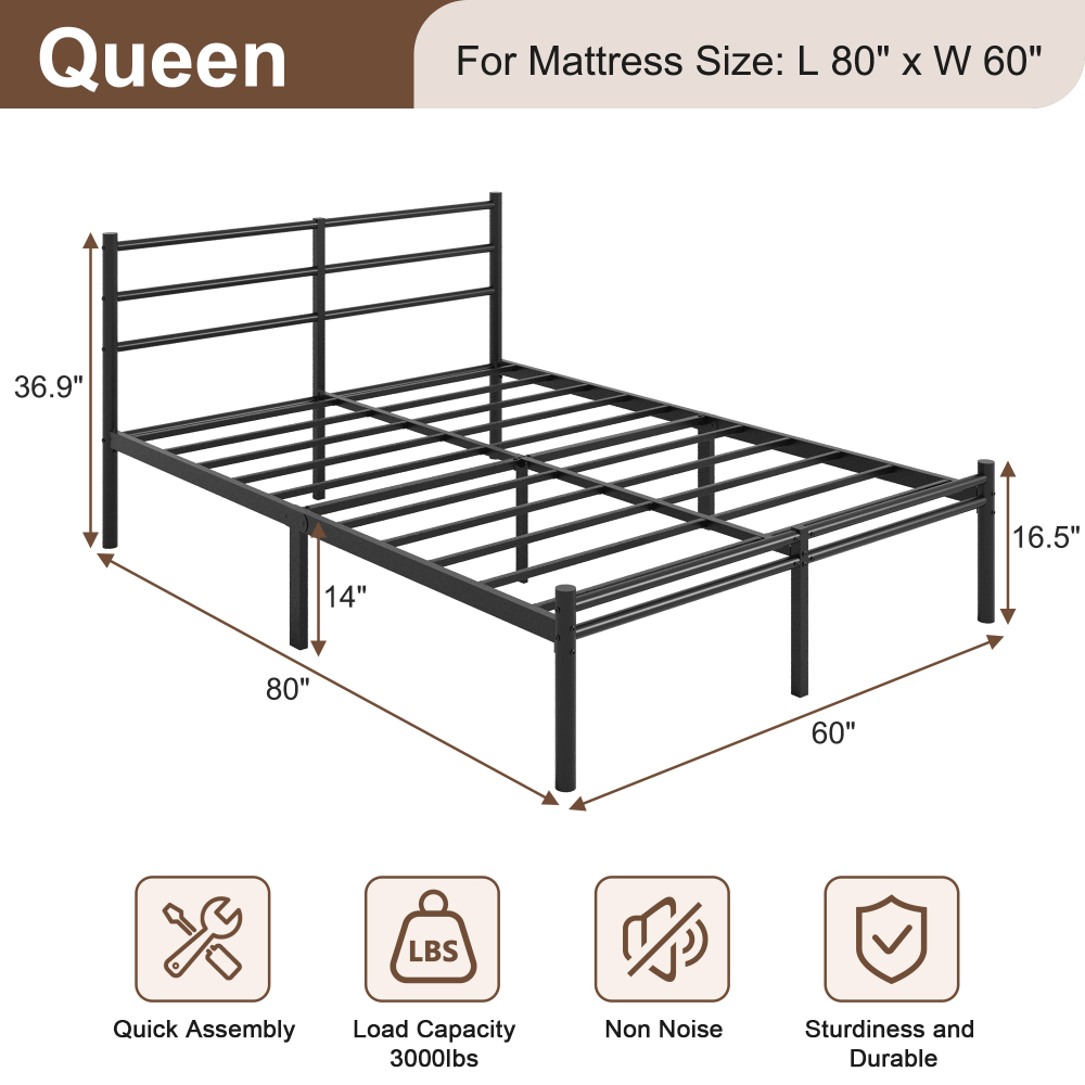 Roomdiary 14 inch Bed Frames with Headboard and Footboard, Easy Assembly Heavy Duty Metal Platform with Underbed Storage, Black