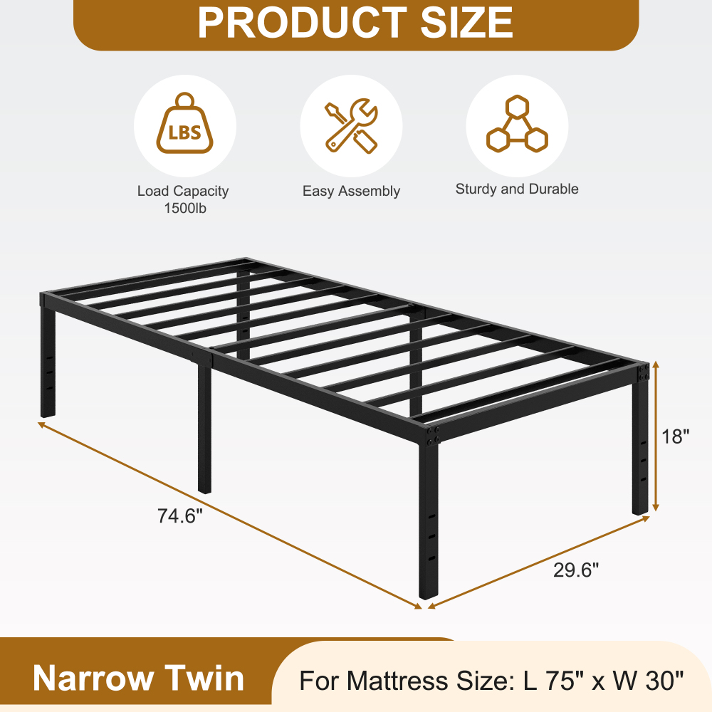 Roomdiary 18 inch Bed Frame Metal Platform with Large Storage, Noise Free, No Box Spring Needed, Easy Assembly, Black