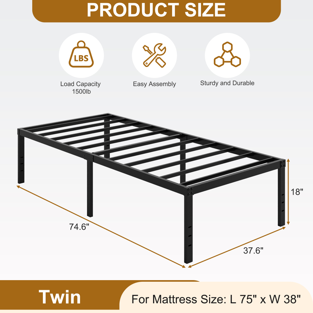 Roomdiary 18 inch Bed Frame Metal Platform with Large Storage, Noise Free, No Box Spring Needed, Easy Assembly, Black