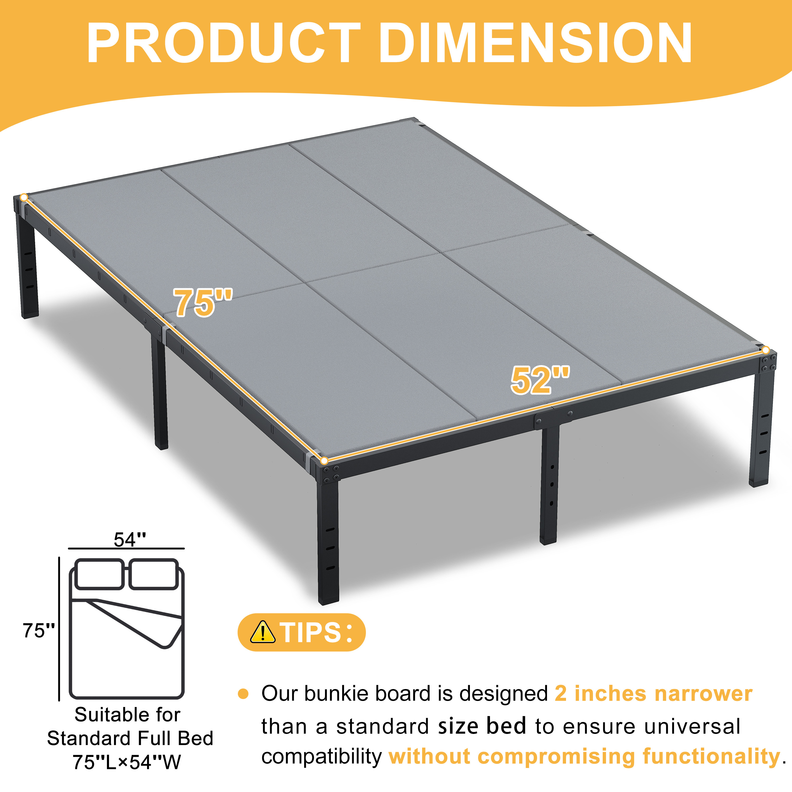 Roomdiary Gray Bunkie Board, Low Profile Mattress Support, No Sag, Easy Setup, Box Spring Replacement for Platform Bed.