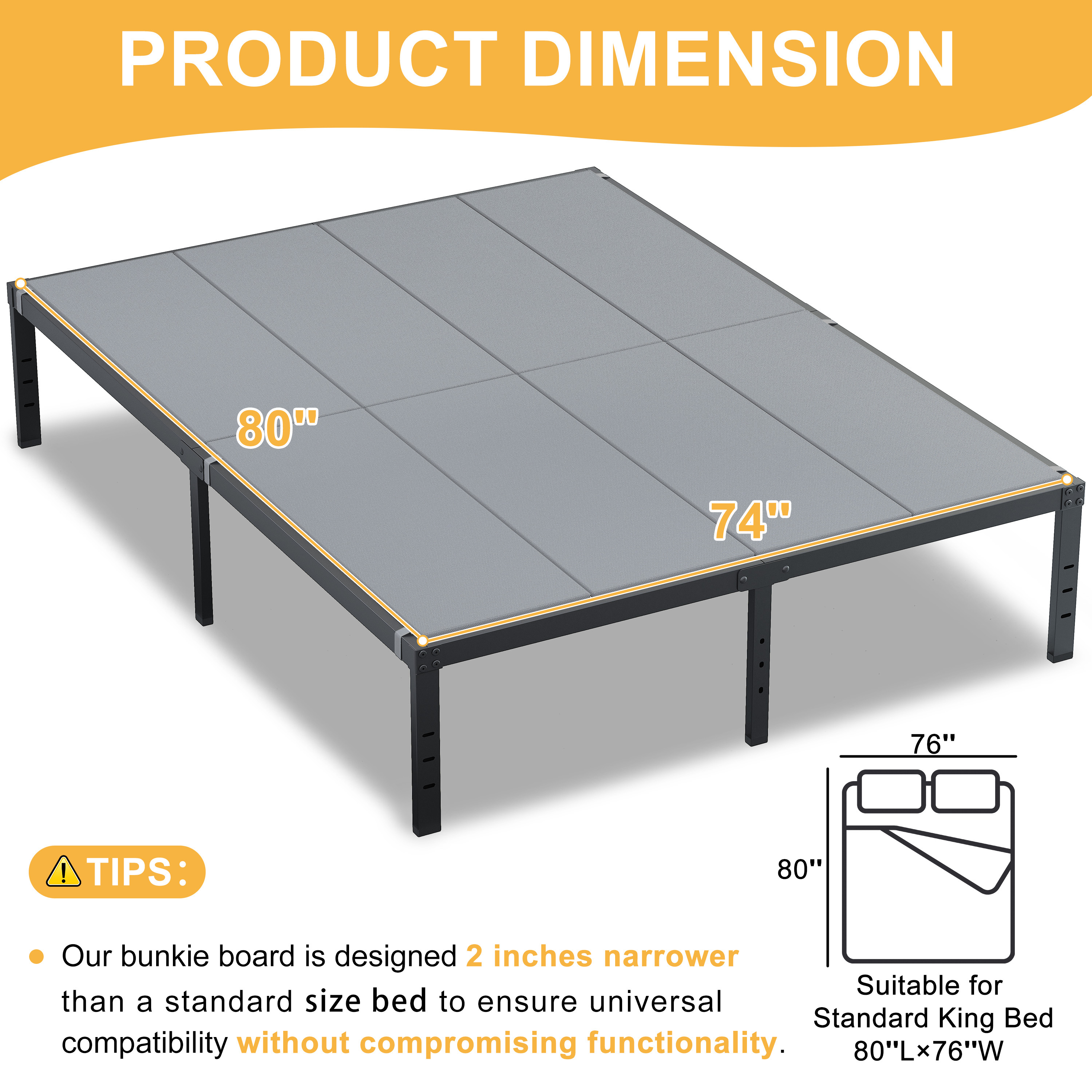 Roomdiary Gray Bunkie Board, Low Profile Mattress Support, No Sag, Easy Setup, Box Spring Replacement for Platform Bed.
