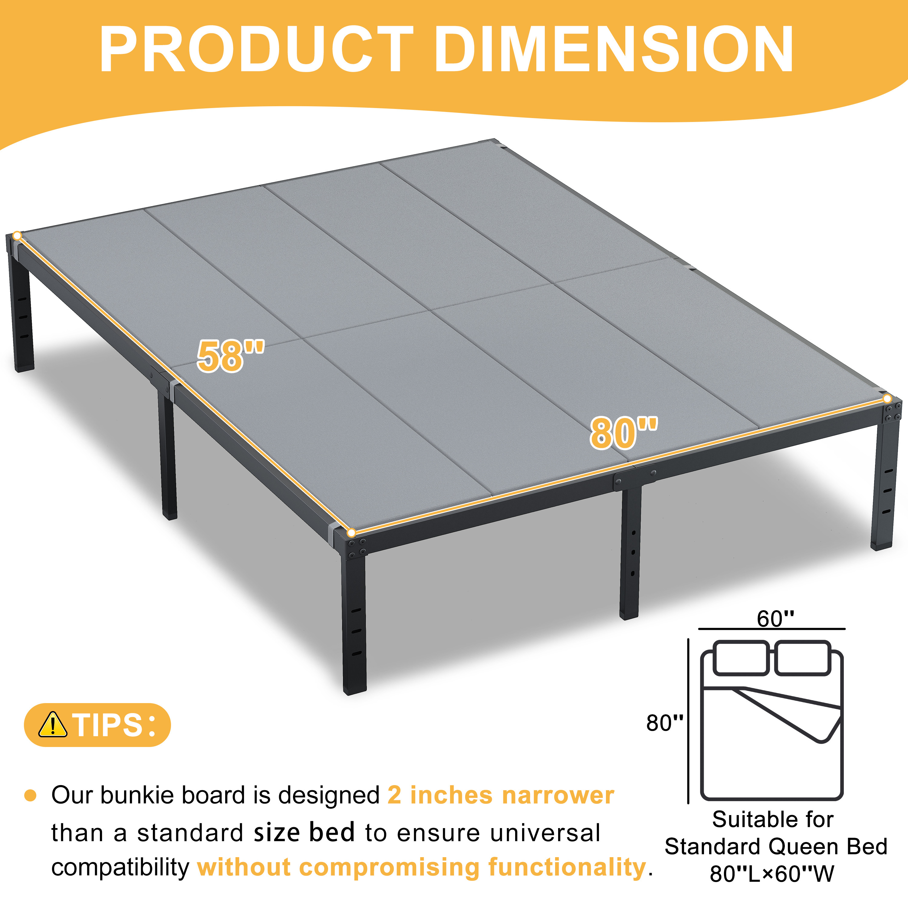Roomdiary Gray Bunkie Board, Low Profile Mattress Support, No Sag, Easy Setup, Box Spring Replacement for Platform Bed.