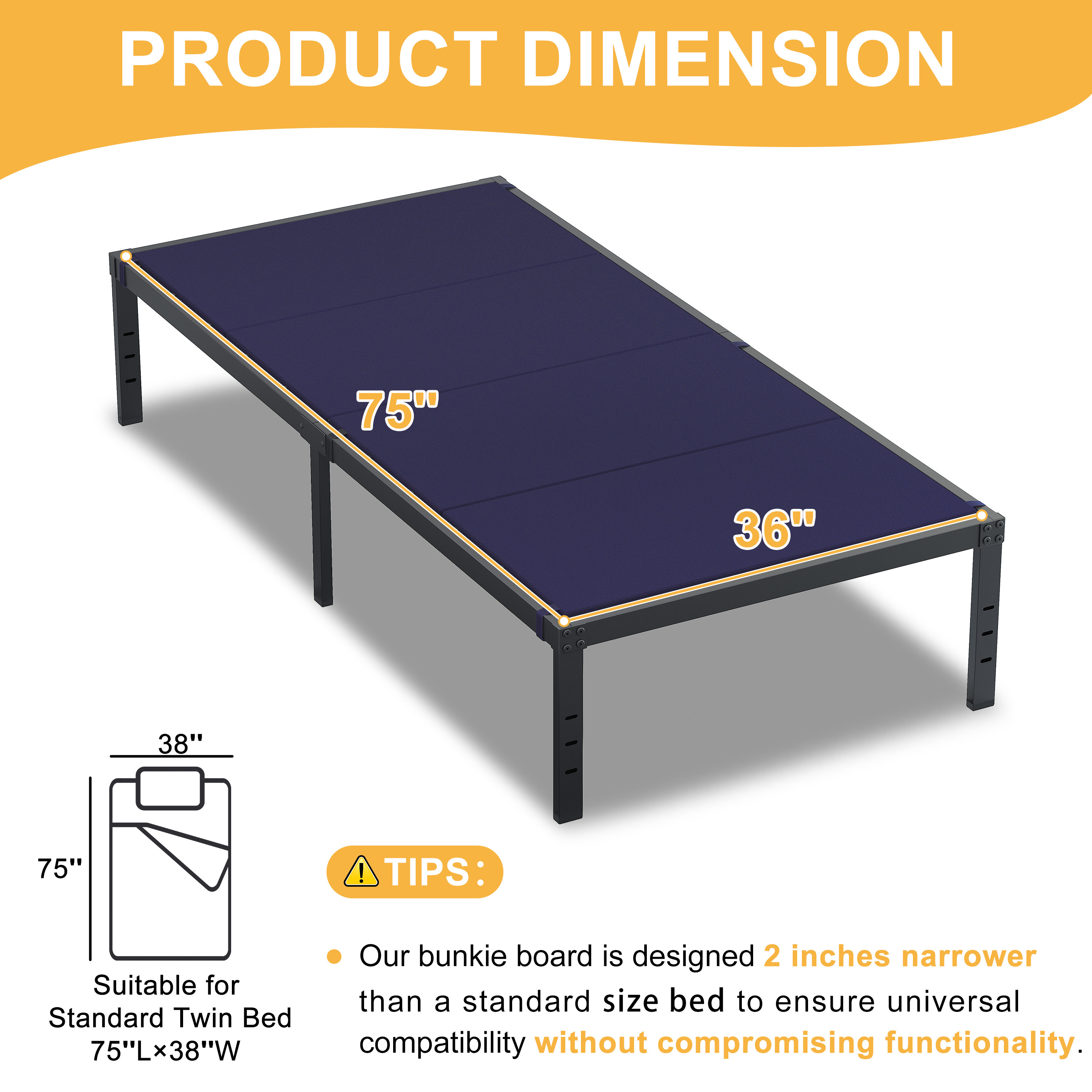 Roomdiary Blue Bunkie Board, Low Profile Mattress Support, No Sag, Easy Setup, Box Spring Replacement for Platform Bed