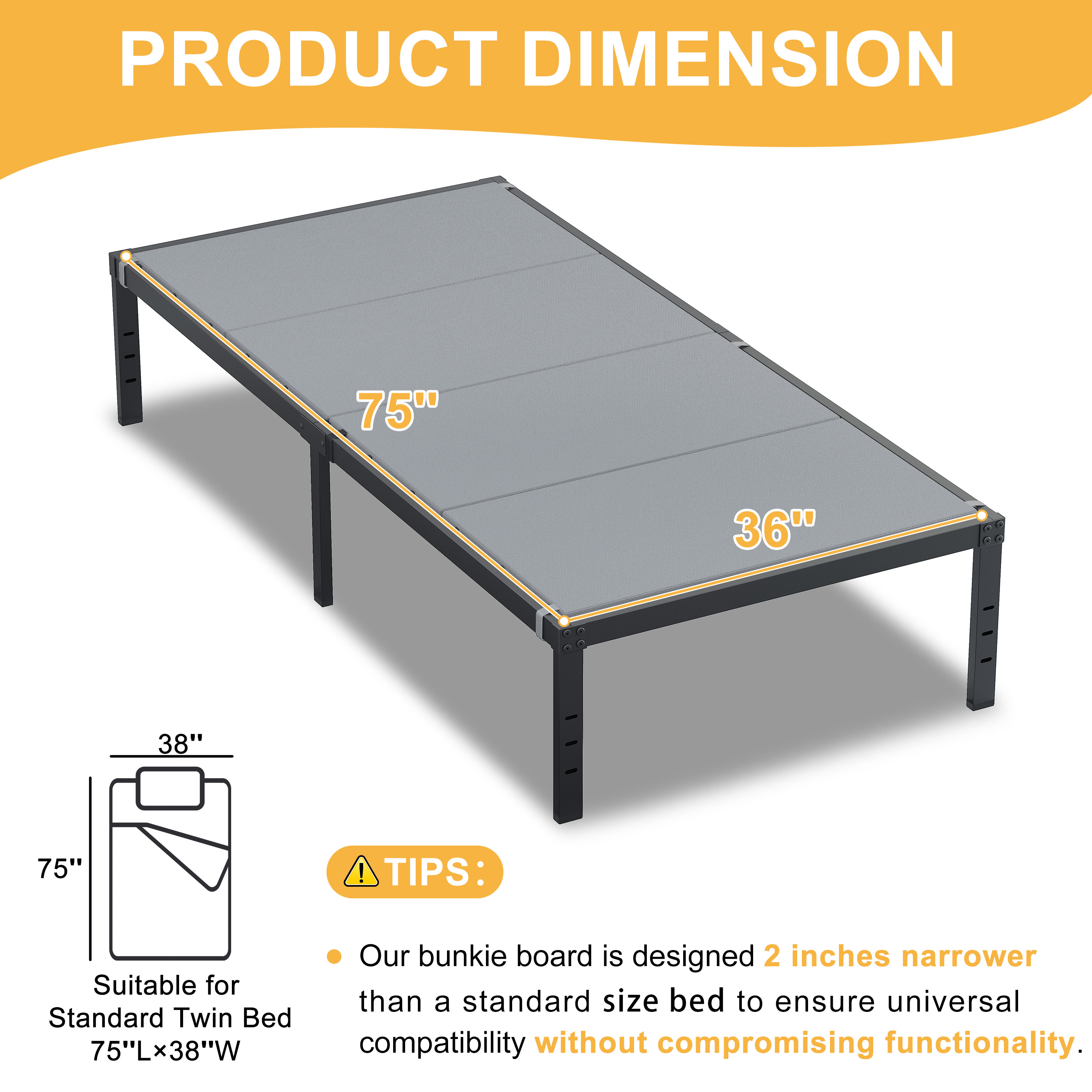 Roomdiary Gray Bunkie Board, Low Profile Mattress Support, No Sag, Easy Setup, Box Spring Replacement for Platform Bed.