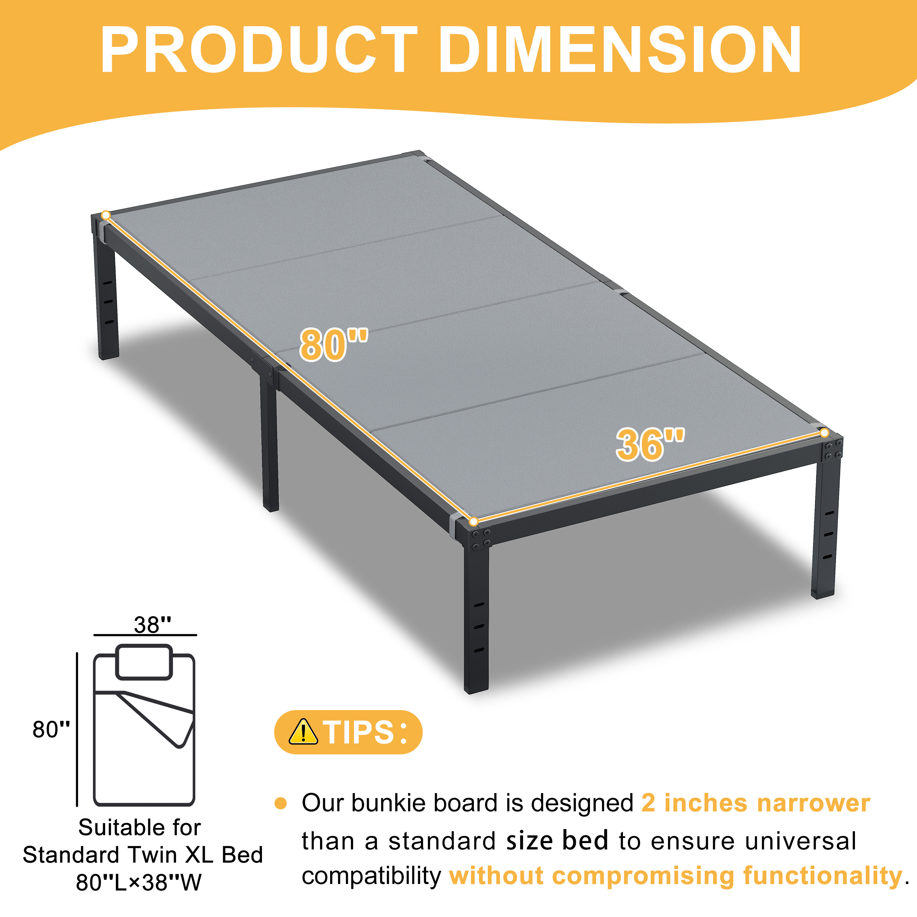 Roomdiary Gray Bunkie Board, Low Profile Mattress Support, No Sag, Easy Setup, Box Spring Replacement for Platform Bed.