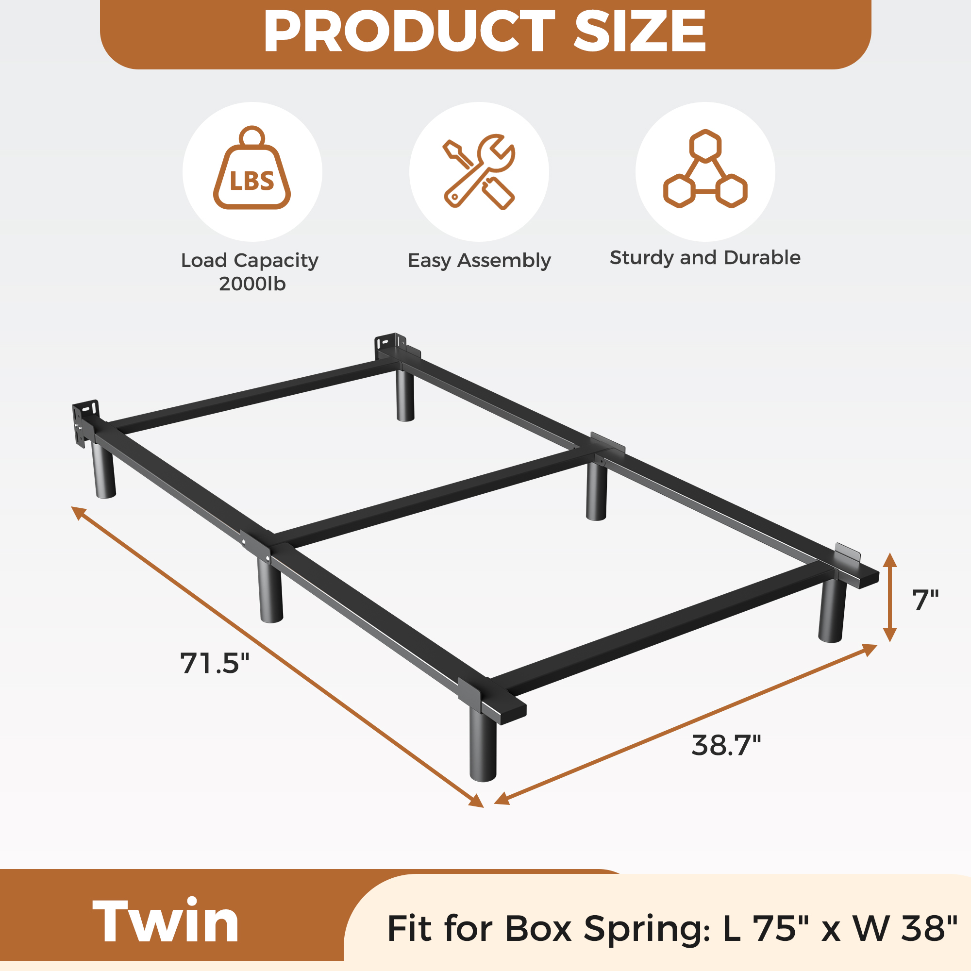Roomdiary 7" Bed Frames for Box Spring, Heavy Duty Low Profile Metal Bed Base, Easy Assembly, Black