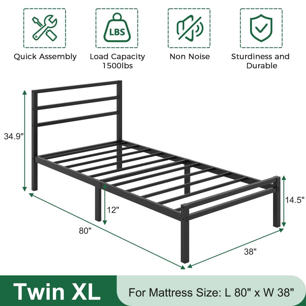 Napcenter 12 inch Twin XL Bed Frame Platform with Headboard and Footboard, Heavy Duty, No Box Spring Needed, Easy Assembly, Black