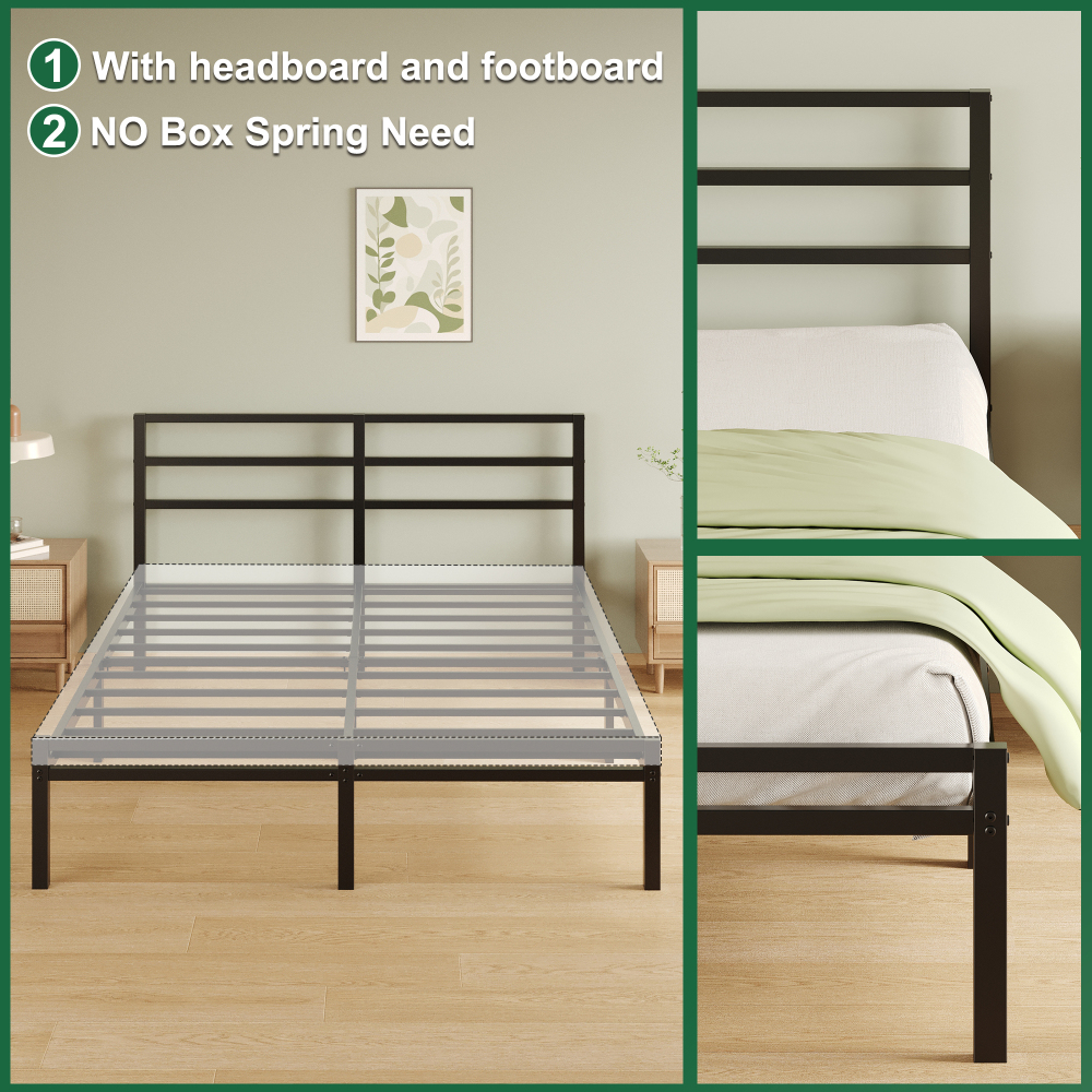 Napcenter 12 inch Bed Frame Platform with Headboard and Footboard, Heavy Duty, No Box Spring Needed, Easy Assembly, Black