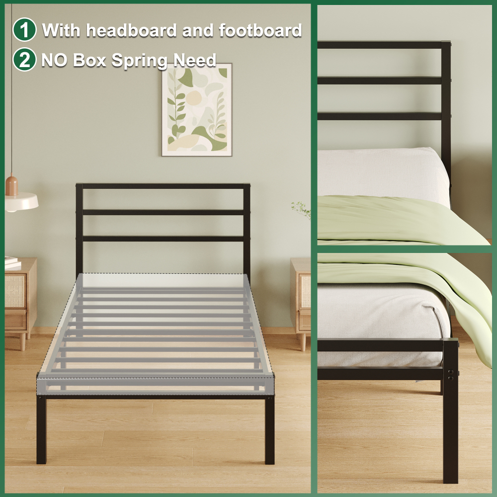 Napcenter 12 inch Bed Frame Platform with Headboard and Footboard, Heavy Duty, No Box Spring Needed, Easy Assembly, Black