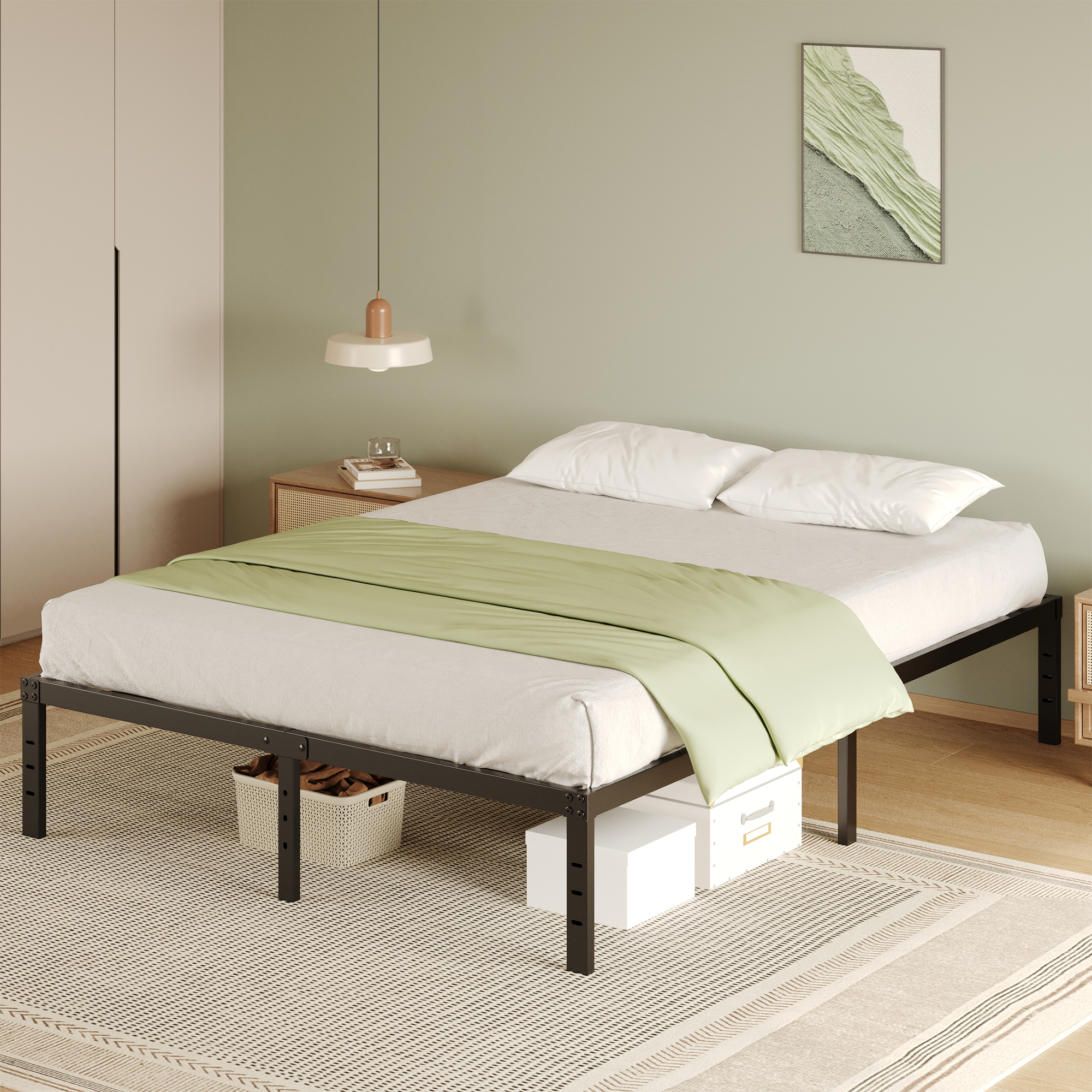 Napcenter 14" Size Bed Frame, No Box Spring Needed, Metal Platform, Noise Free, Easy Assembly, Black