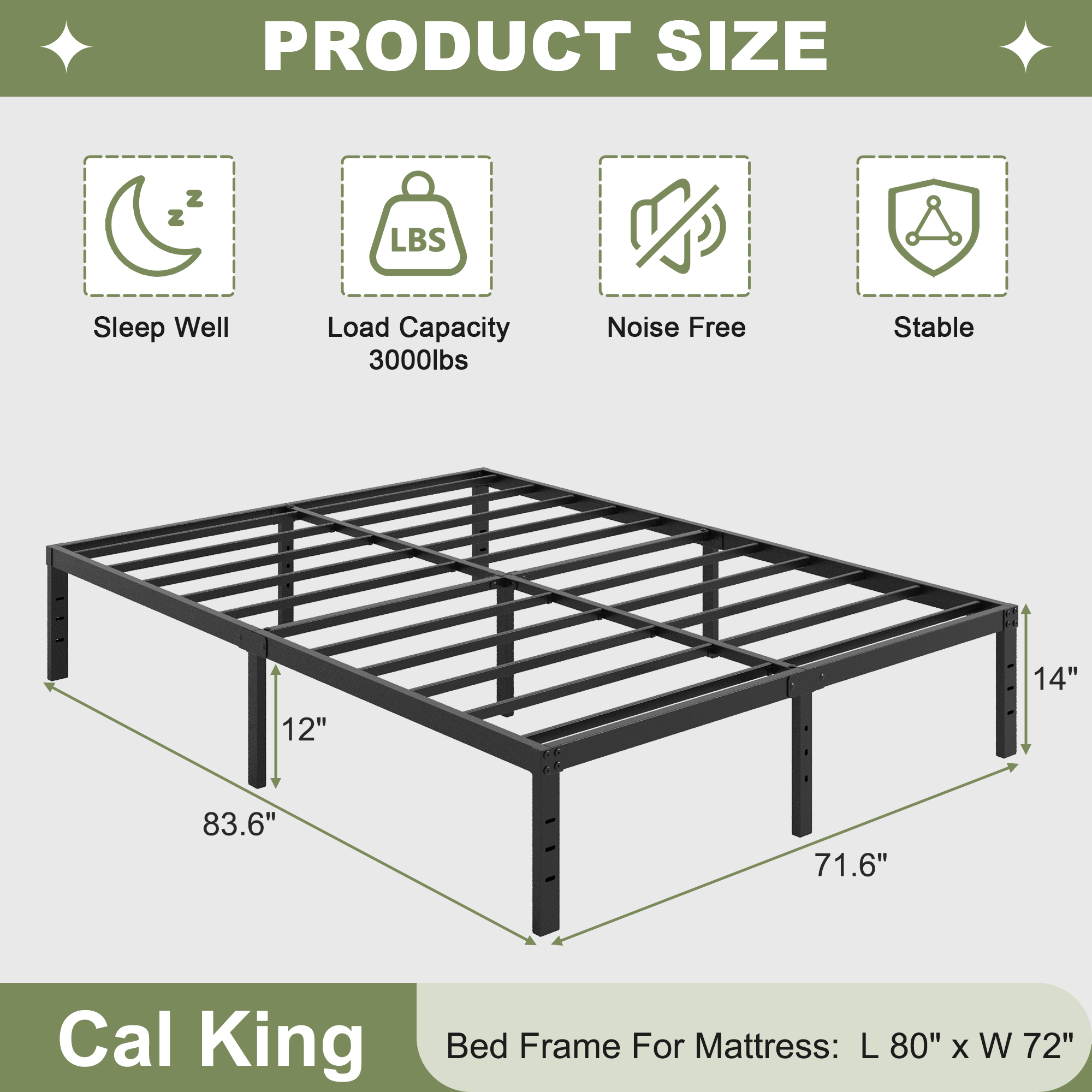 Napcenter 14" Size Bed Frame, No Box Spring Needed, Metal Platform, Noise Free, Easy Assembly, Black