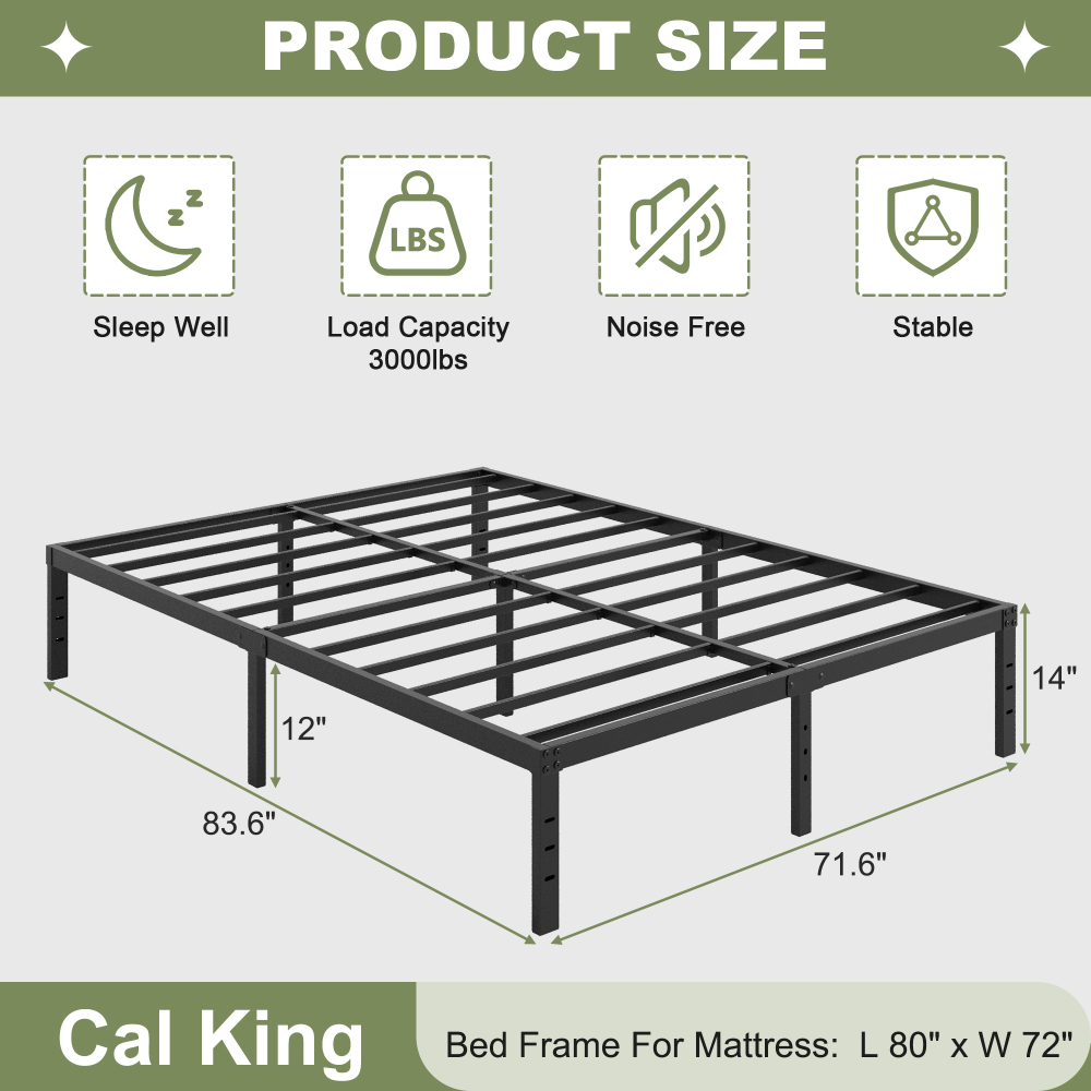 Napcenter 14" Size Bed Frame, No Box Spring Needed, Metal Platform, Noise Free, Easy Assembly, Black