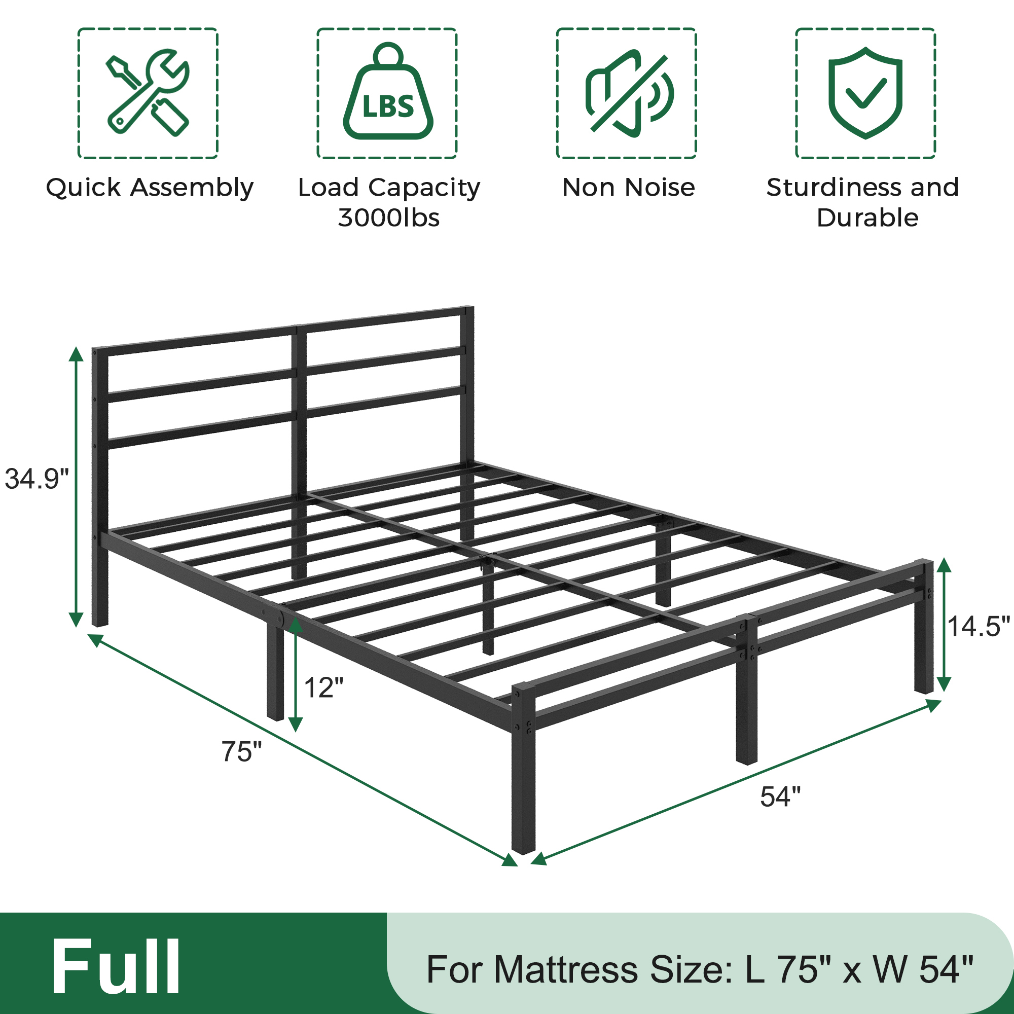 Napcenter 12 inch Bed Frame Platform with Headboard and Footboard, Heavy Duty, No Box Spring Needed, Easy Assembly, Black