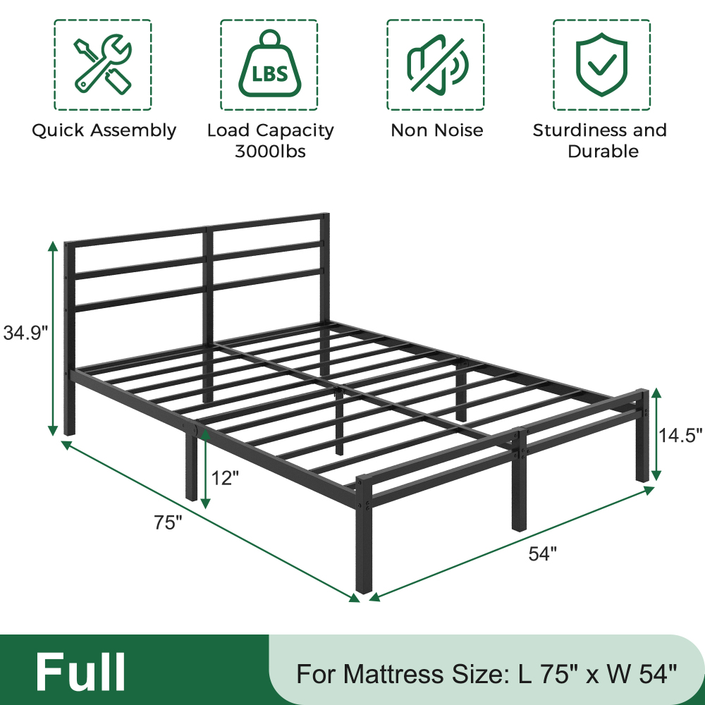 Napcenter 12 inch Bed Frame Platform with Headboard and Footboard, Heavy Duty, No Box Spring Needed, Easy Assembly, Black