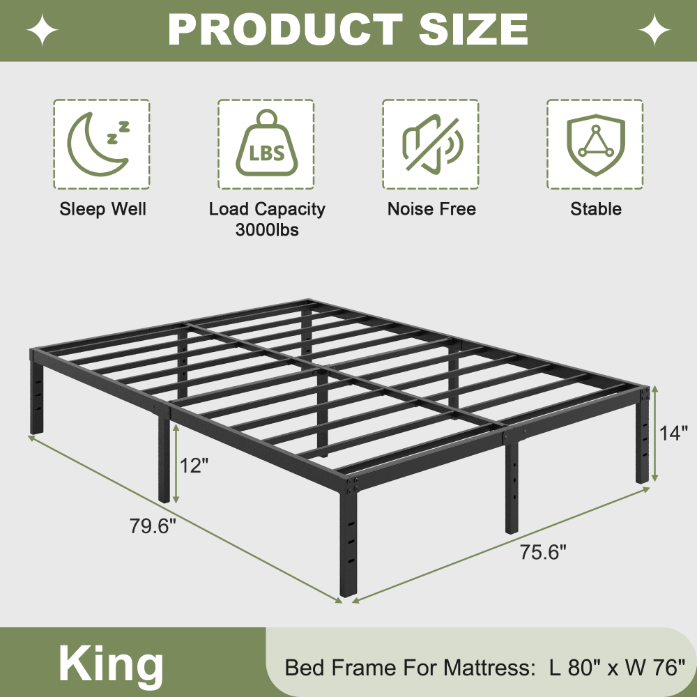Napcenter 14" Size Bed Frame, No Box Spring Needed, Metal Platform, Noise Free, Easy Assembly, Black