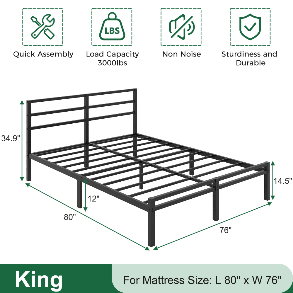 Napcenter 12 inch Bed Frame Platform with Headboard and Footboard, Heavy Duty, No Box Spring Needed, Easy Assembly, Black