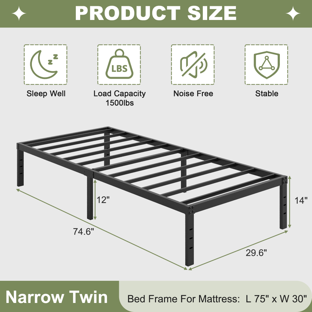 Napcenter 14" Size Bed Frame, No Box Spring Needed, Metal Platform, Noise Free, Easy Assembly, Black