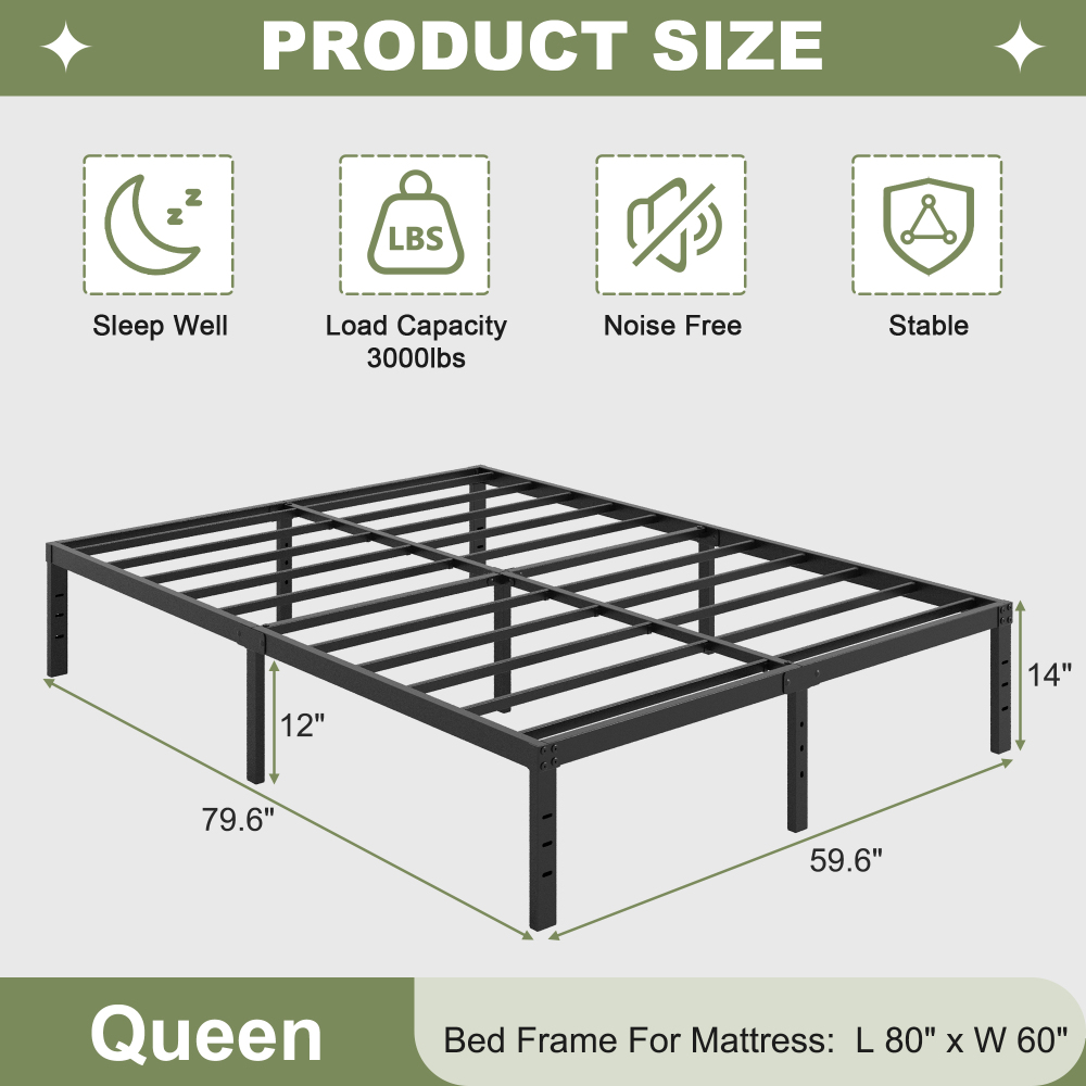 Napcenter 14" Size Bed Frame, No Box Spring Needed, Metal Platform, Noise Free, Easy Assembly, Black