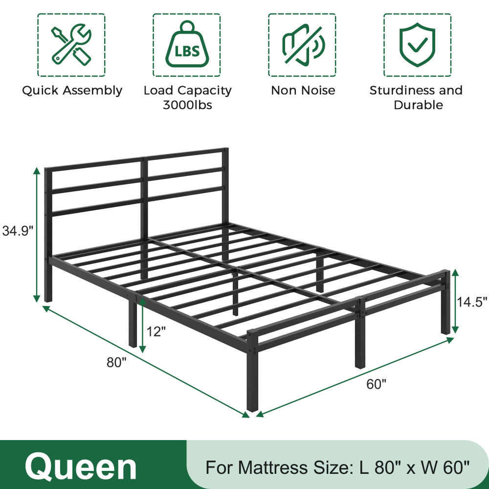 Napcenter 12 inch Bed Frame Platform with Headboard and Footboard, Heavy Duty, No Box Spring Needed, Easy Assembly, Black