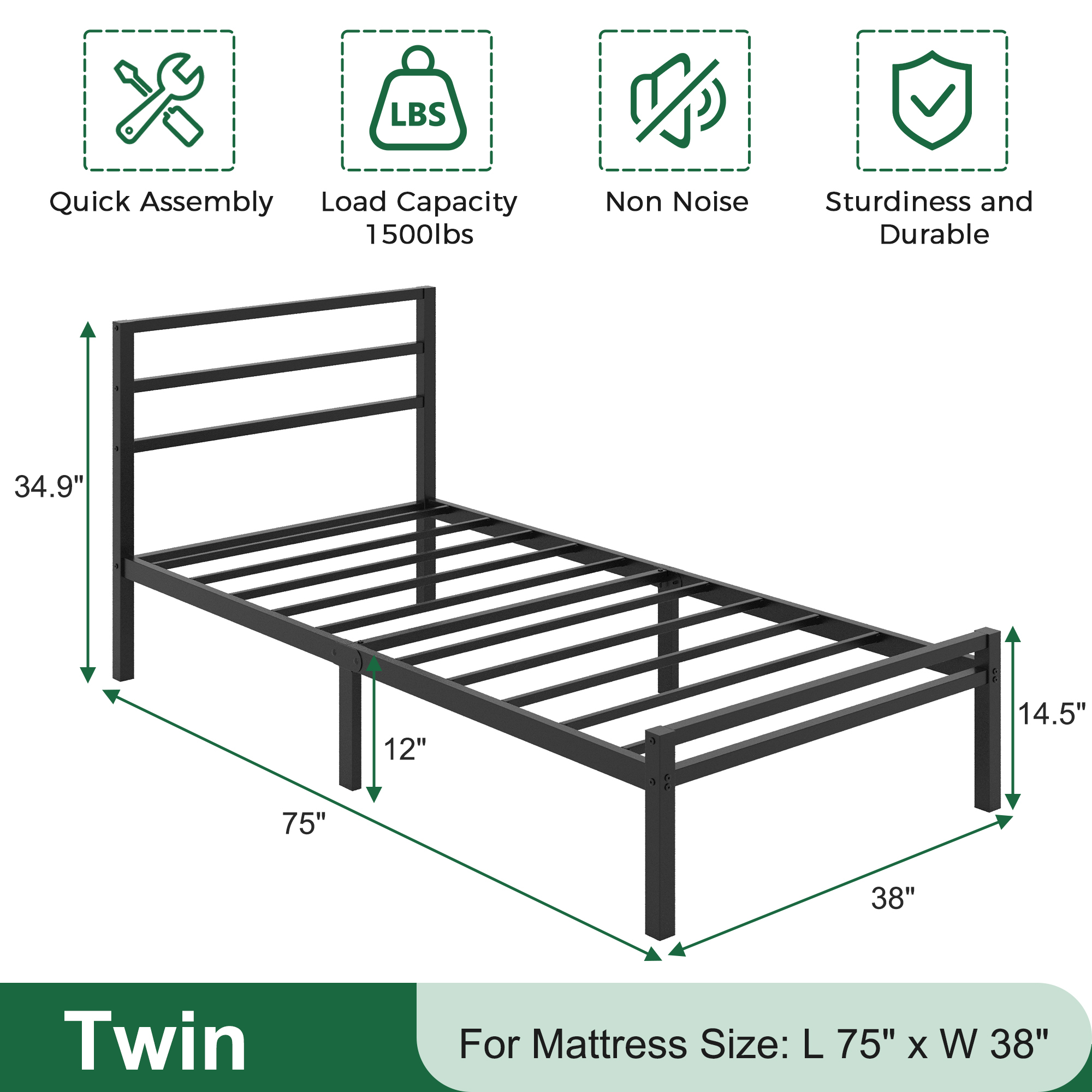 Napcenter 12 inch Bed Frame Platform with Headboard and Footboard, Heavy Duty, No Box Spring Needed, Easy Assembly, Black