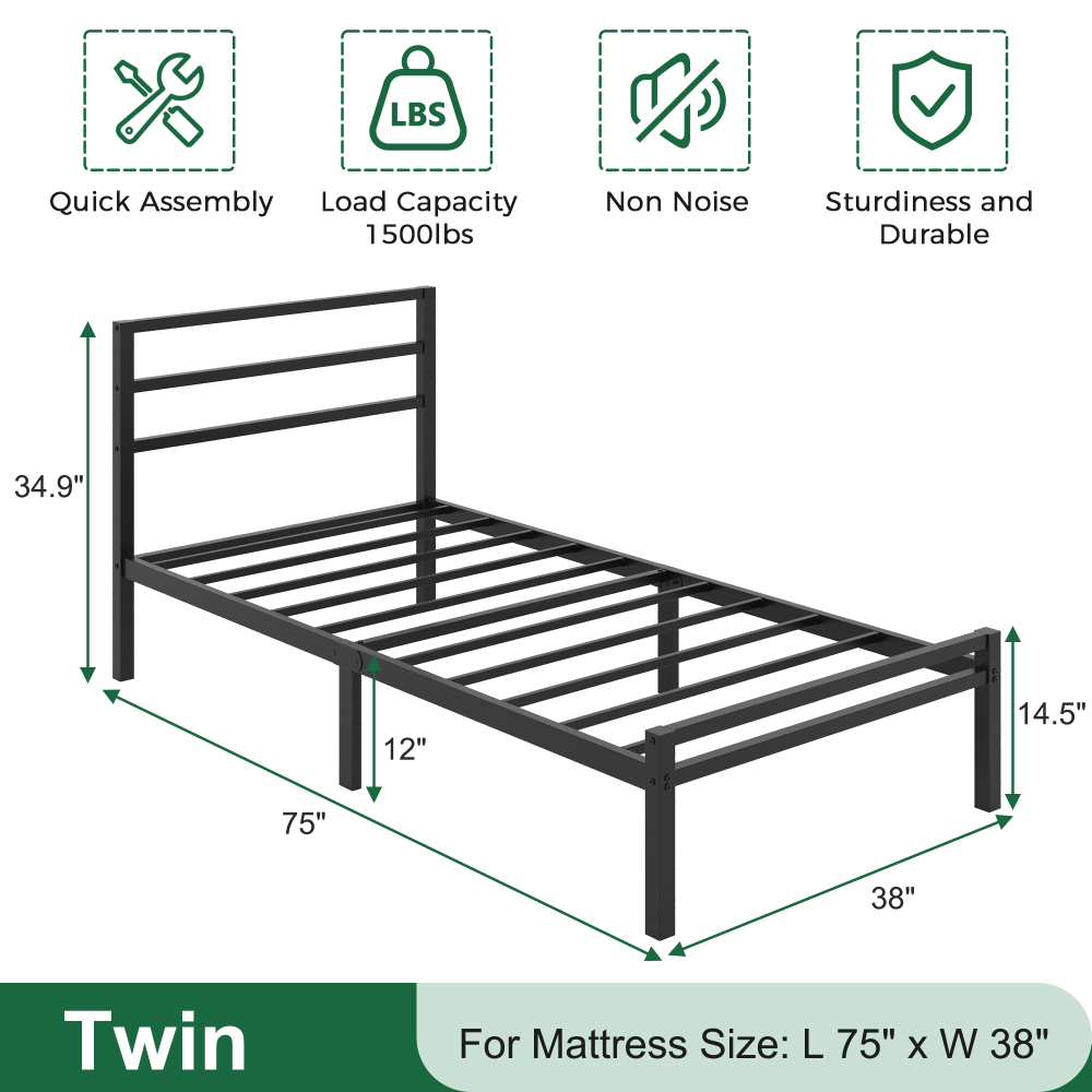 Napcenter 12 inch Bed Frame Platform with Headboard and Footboard, Heavy Duty, No Box Spring Needed, Easy Assembly, Black