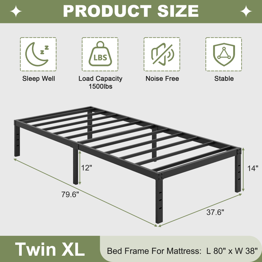 Napcenter 14" Size Bed Frame, No Box Spring Needed, Metal Platform, Noise Free, Easy Assembly, Black