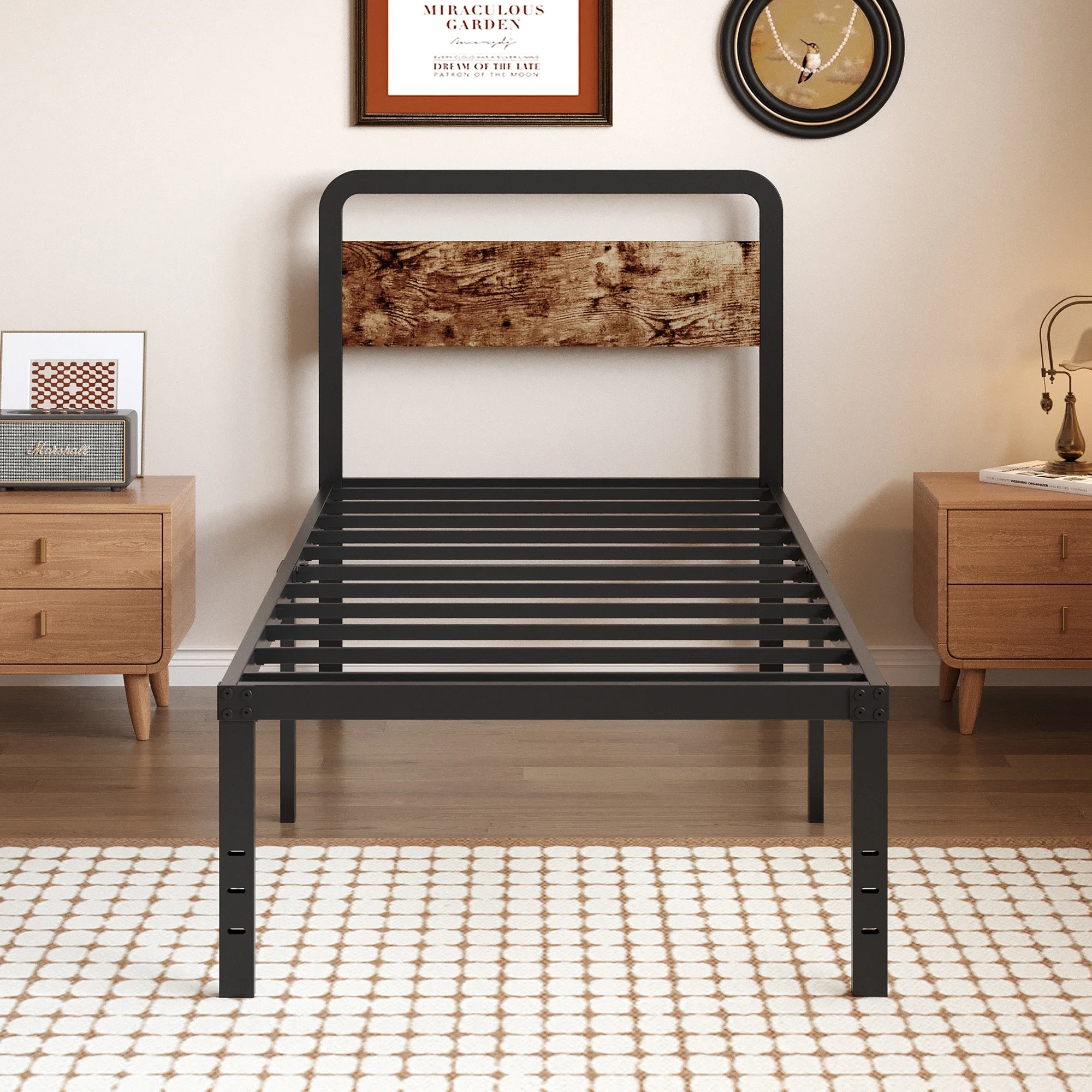 Maenizi Twin XL Bed Frame with Upholstered Headboard, 18 inch Tall Twin XL Bed Frames, Steel Slat Support, Noise Free, No Box Spring Needed, Easy Assembly, Black
