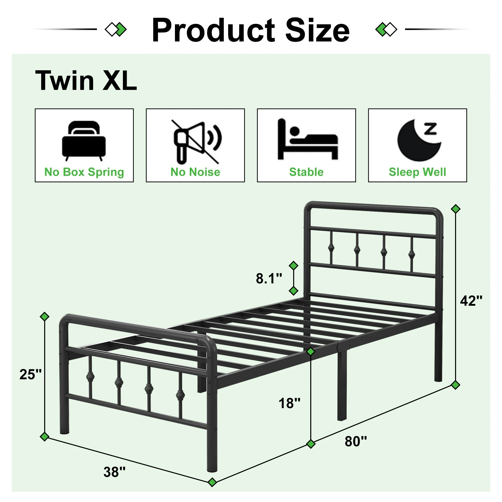 Maenizi 18 inch Twin XL Bed Frames with Headboard and Footboard, Heavy Duty Metal Twin XL Platform Bed Frame No Box Spring Needed, Easy Assembly, Under Bed Storage, Noise Free, Black