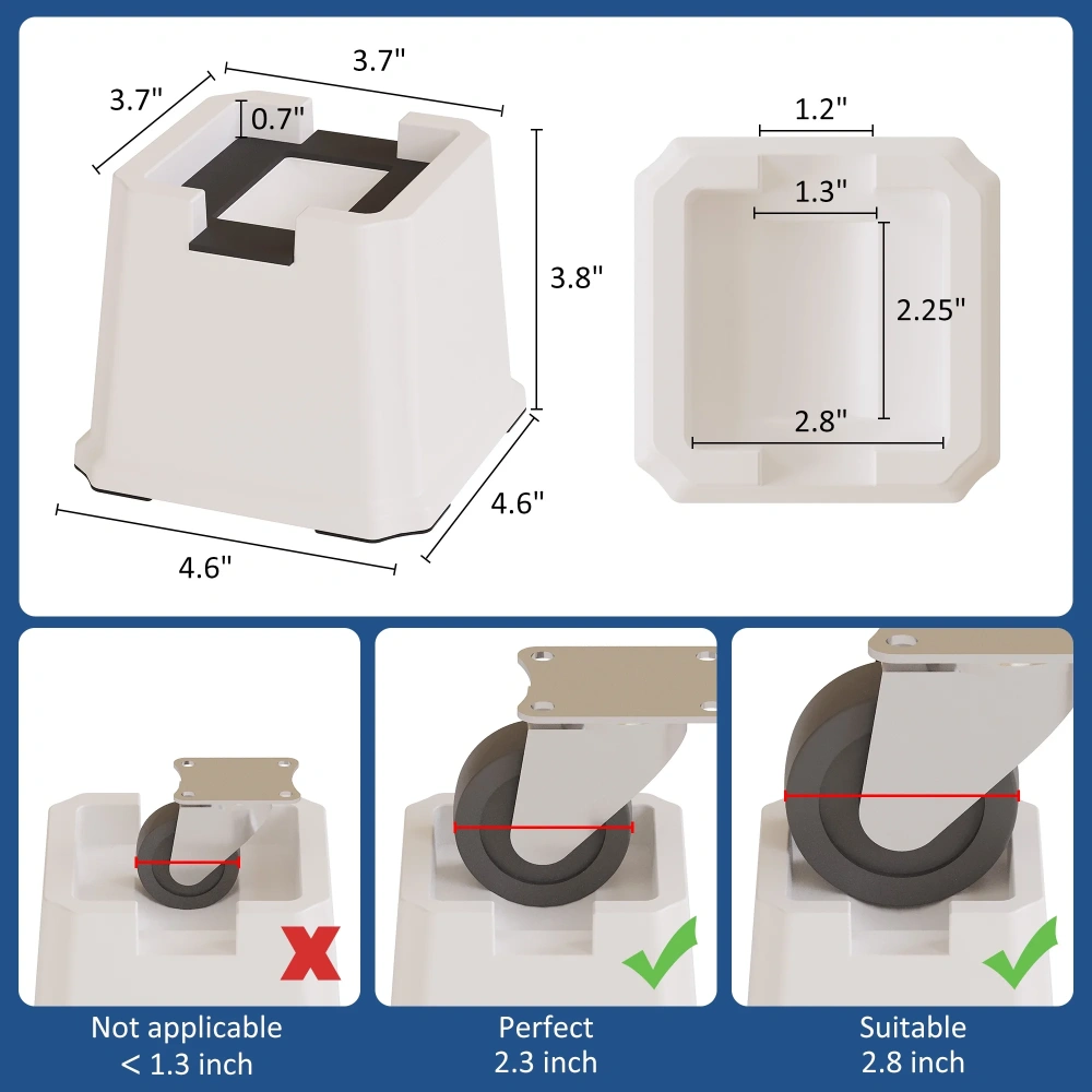 Maenizi 8 Pack Bed Risers 3 Inch Heavy Duty Bed Elevators Lifts Fits to Wheels of Furniture, Sofa, Table and Couch, White