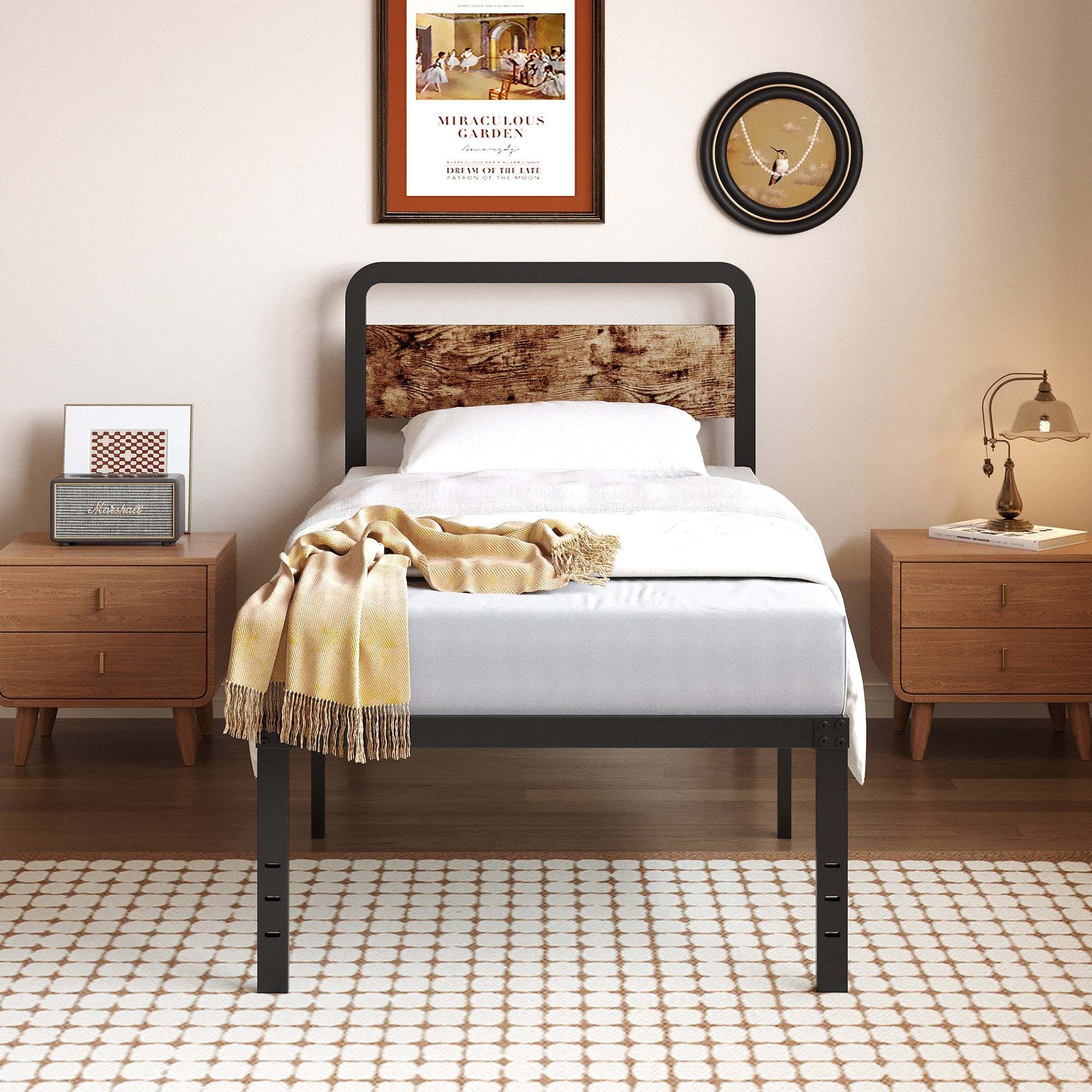 Maenizi Twin XL Bed Frame with Upholstered Headboard, 18 inch Tall Twin XL Bed Frames, Steel Slat Support, Noise Free, No Box Spring Needed, Easy Assembly, Black
