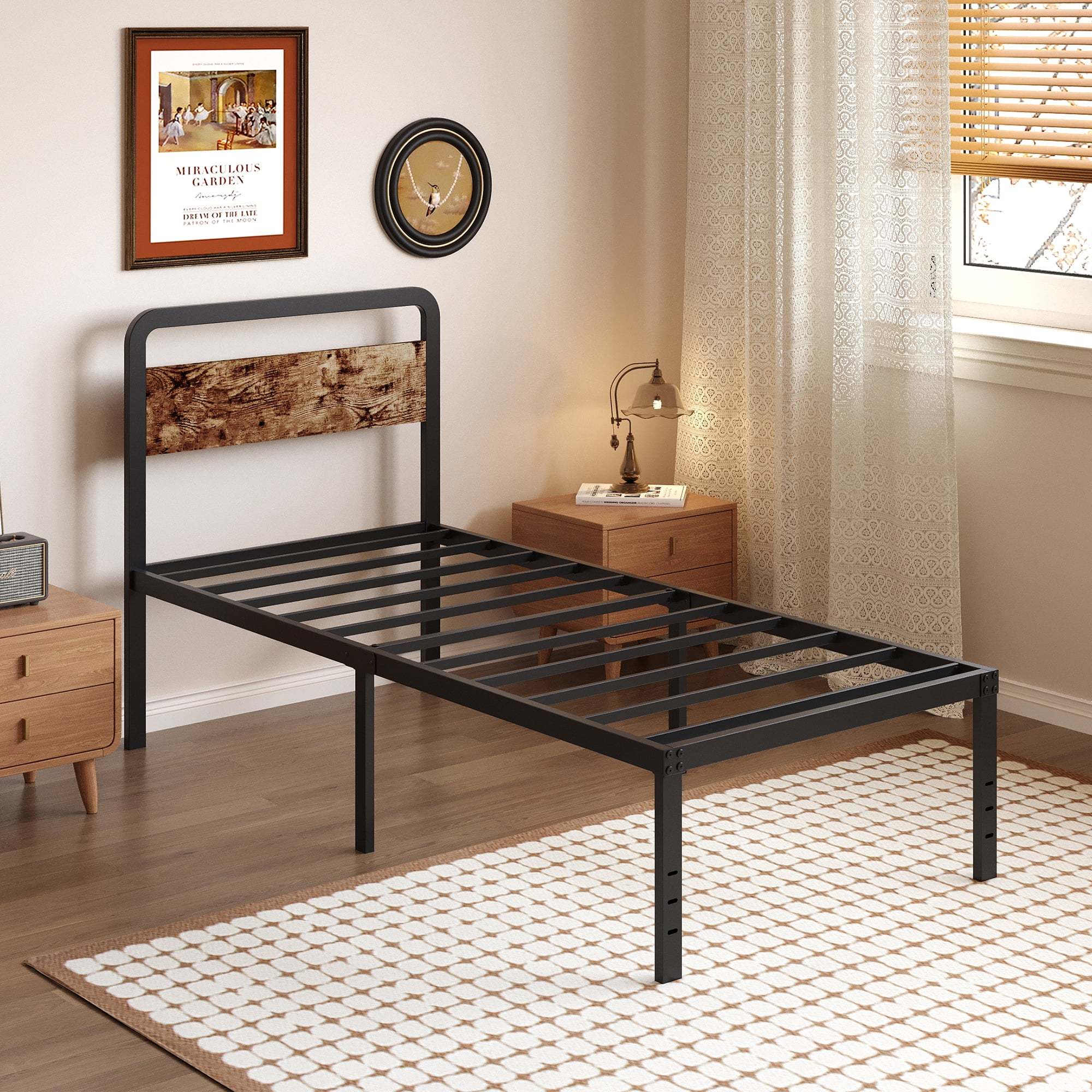 Maenizi Twin XL Bed Frame with Upholstered Headboard, 18 inch Tall Twin XL Bed Frames, Steel Slat Support, Noise Free, No Box Spring Needed, Easy Assembly, Black