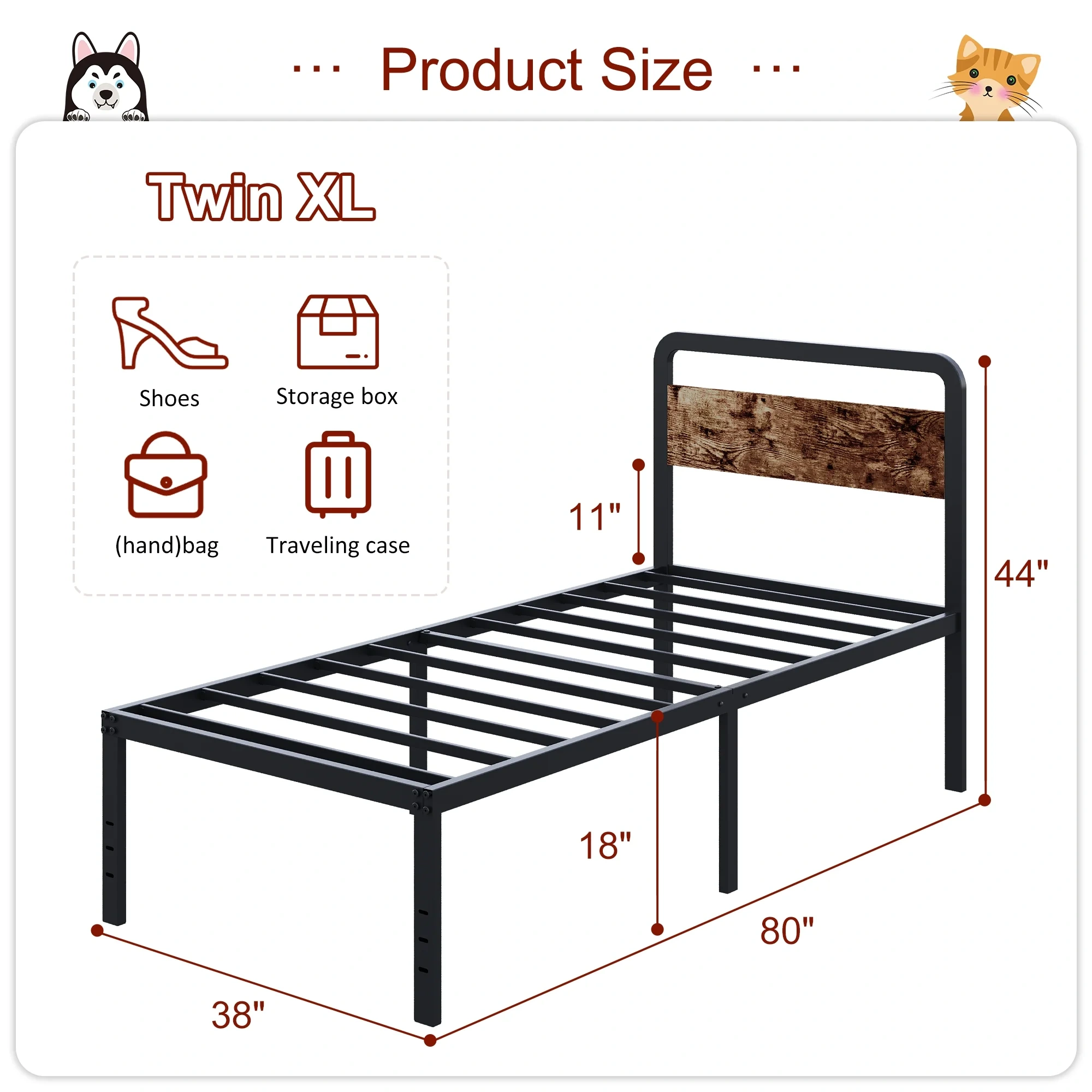 Maenizi Twin XL Bed Frame with Upholstered Headboard, 18 inch Tall Twin XL Bed Frames, Steel Slat Support, Noise Free, No Box Spring Needed, Easy Assembly, Black