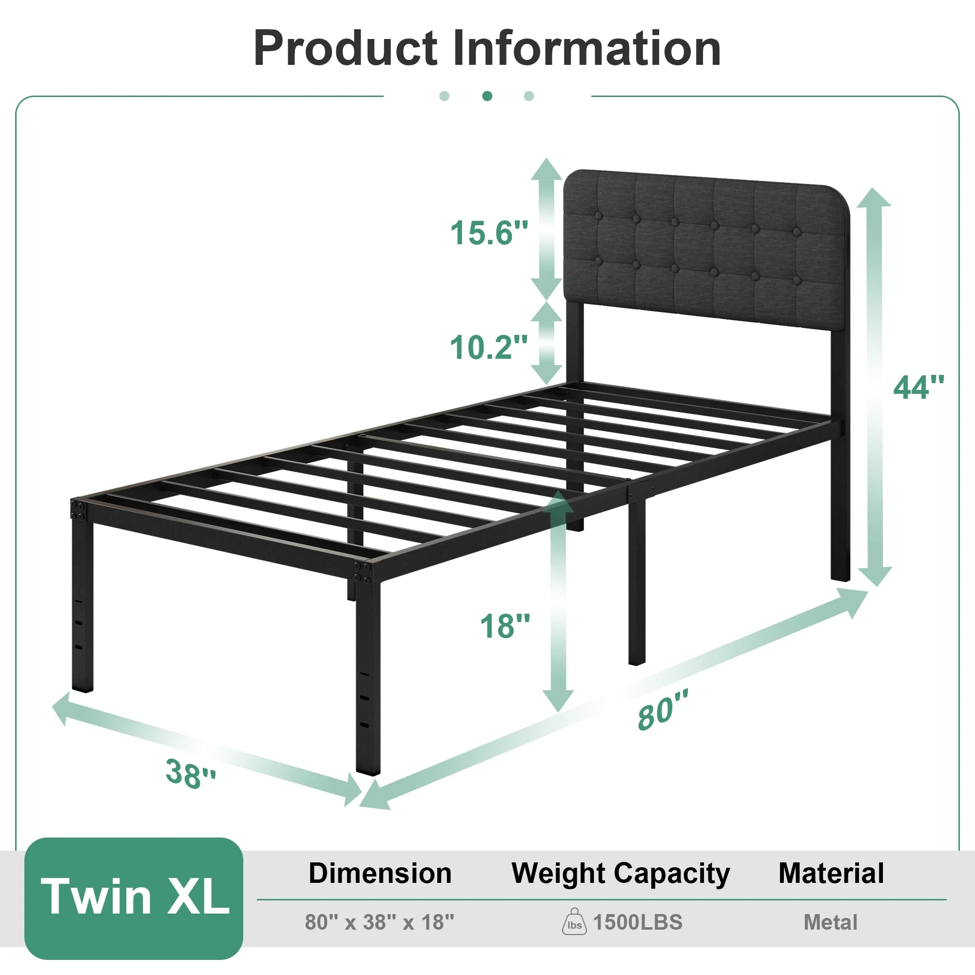 Maenizi Twin XL Bed Frame with Upholstered Headboard, 18 inch Tall Twin XL Bed Frames, Steel Slat Support, Noise Free, No Box Spring Needed, Easy Assembly, Black