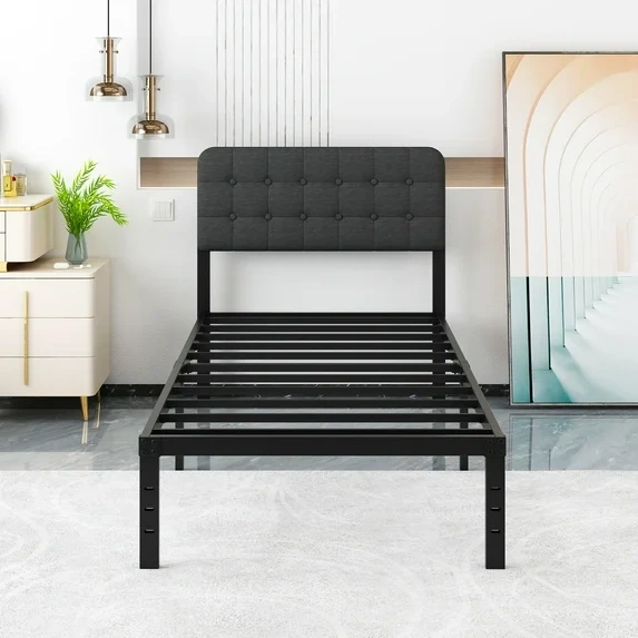 Maenizi Twin XL Bed Frame with Upholstered Headboard, 18 inch Tall Twin XL Bed Frames, Steel Slat Support, Noise Free, No Box Spring Needed, Easy Assembly, Black