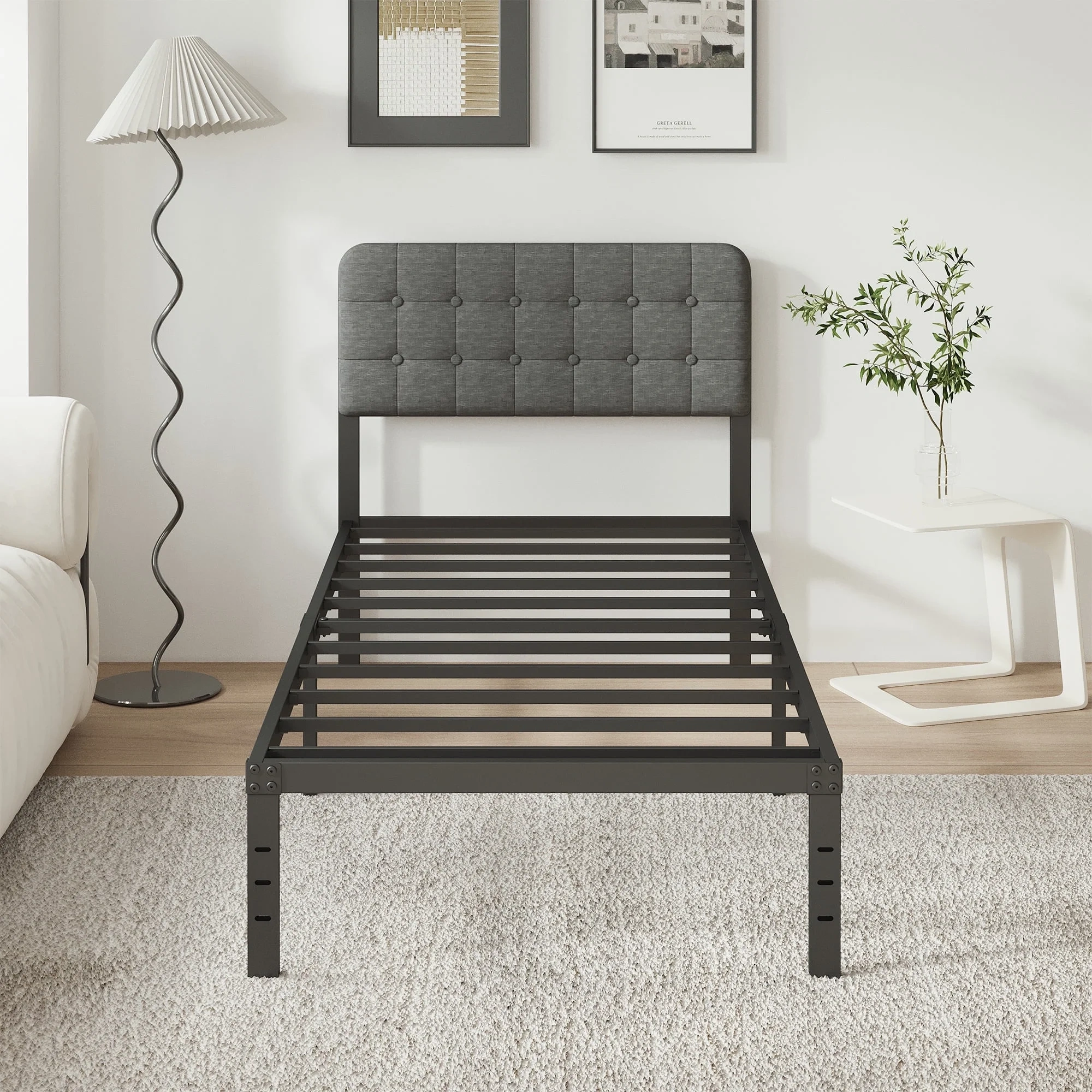 Maenizi Twin XL Bed Frame with Upholstered Headboard, 18 inch Tall Twin XL Bed Frames, Steel Slat Support, Noise Free, No Box Spring Needed, Easy Assembly, Black