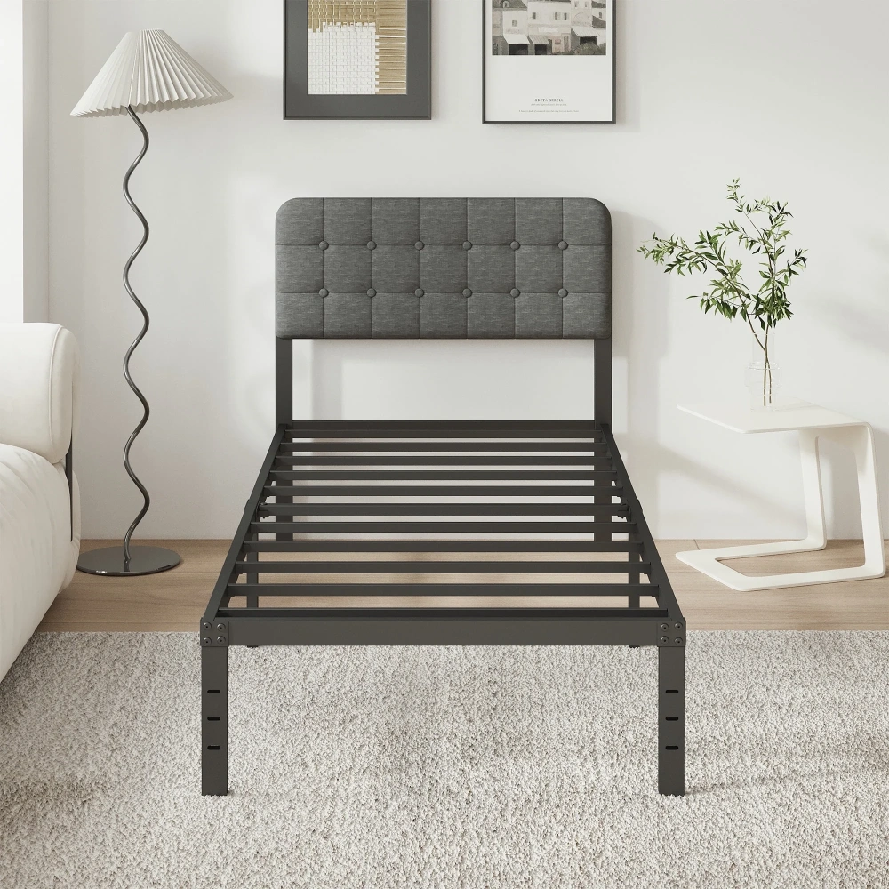 Maenizi Twin XL Bed Frame with Upholstered Headboard, 18 inch Tall Twin XL Bed Frames, Steel Slat Support, Noise Free, No Box Spring Needed, Easy Assembly, Black