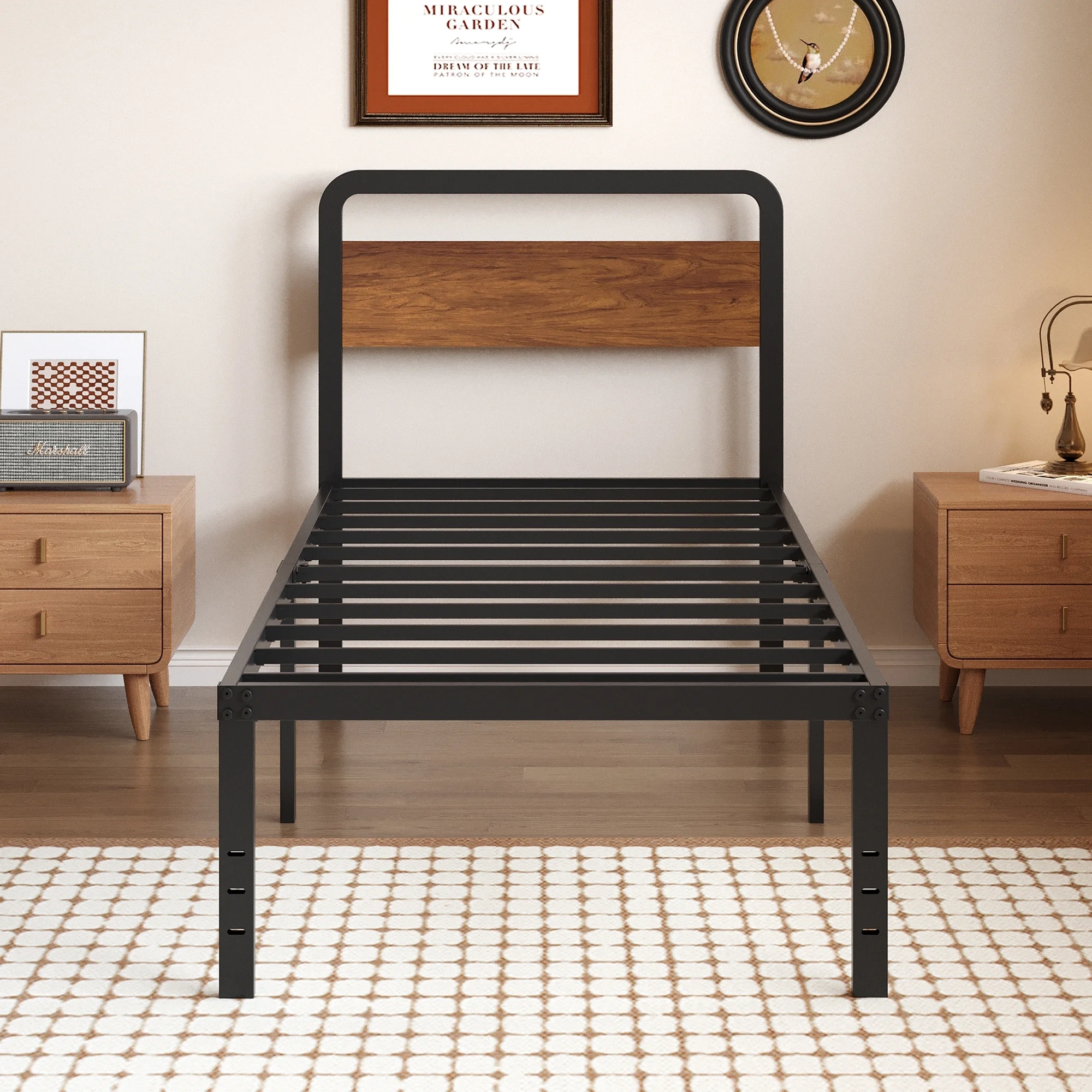 Maenizi Twin XL Bed Frame with Upholstered Headboard, 18 inch Tall Twin XL Bed Frames, Steel Slat Support, Noise Free, No Box Spring Needed, Easy Assembly, Black