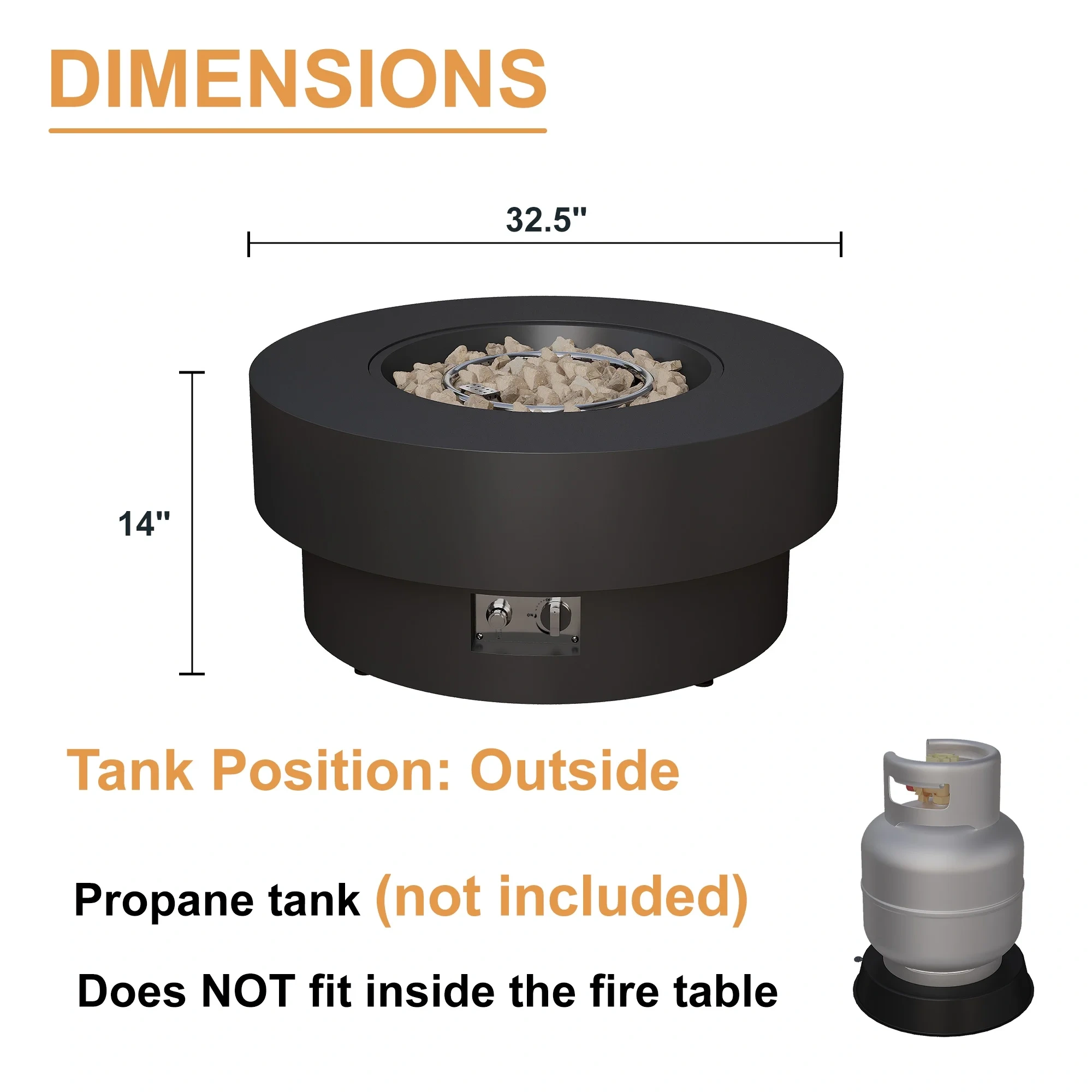 HongTaoK 32.5" Round Propane Free Fire Pit, 50K BTU Magnesium Oxide Outdoor Heater with Lava Rock, Gray